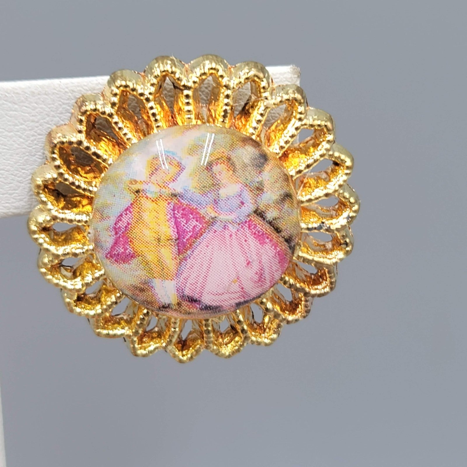 Vintage Victorian Scene Clip on Earrings Gold tone 1.25 in