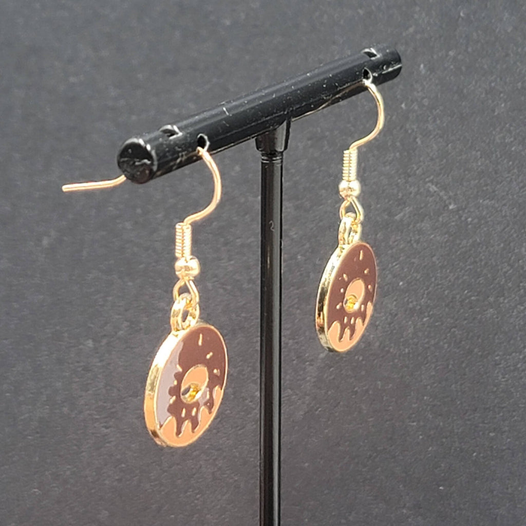 Chocolate Donut Pierced Earrings Gold tone Dangle New 3/4"