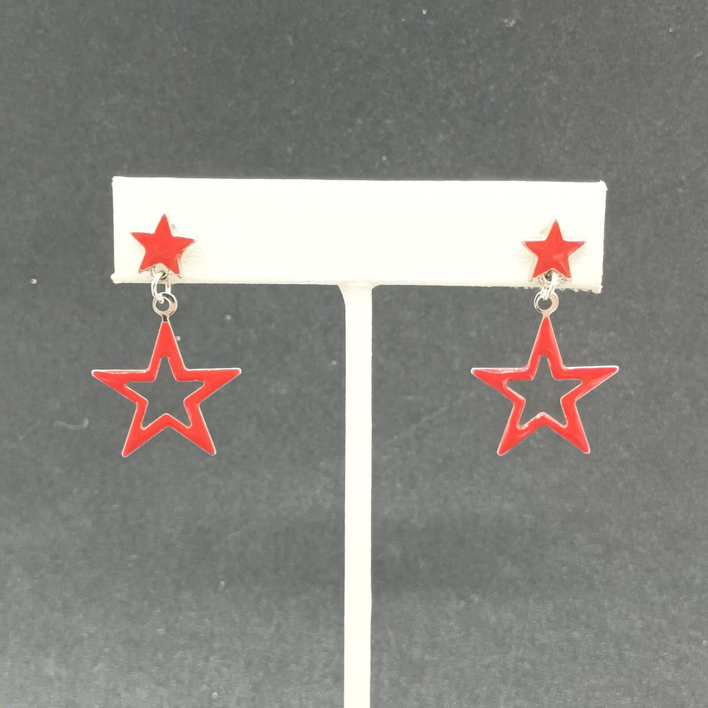 Lot of 2 Pairs Pierced Earrings Red Blue Enamel Silver tone Star Dangle 1 1/4"