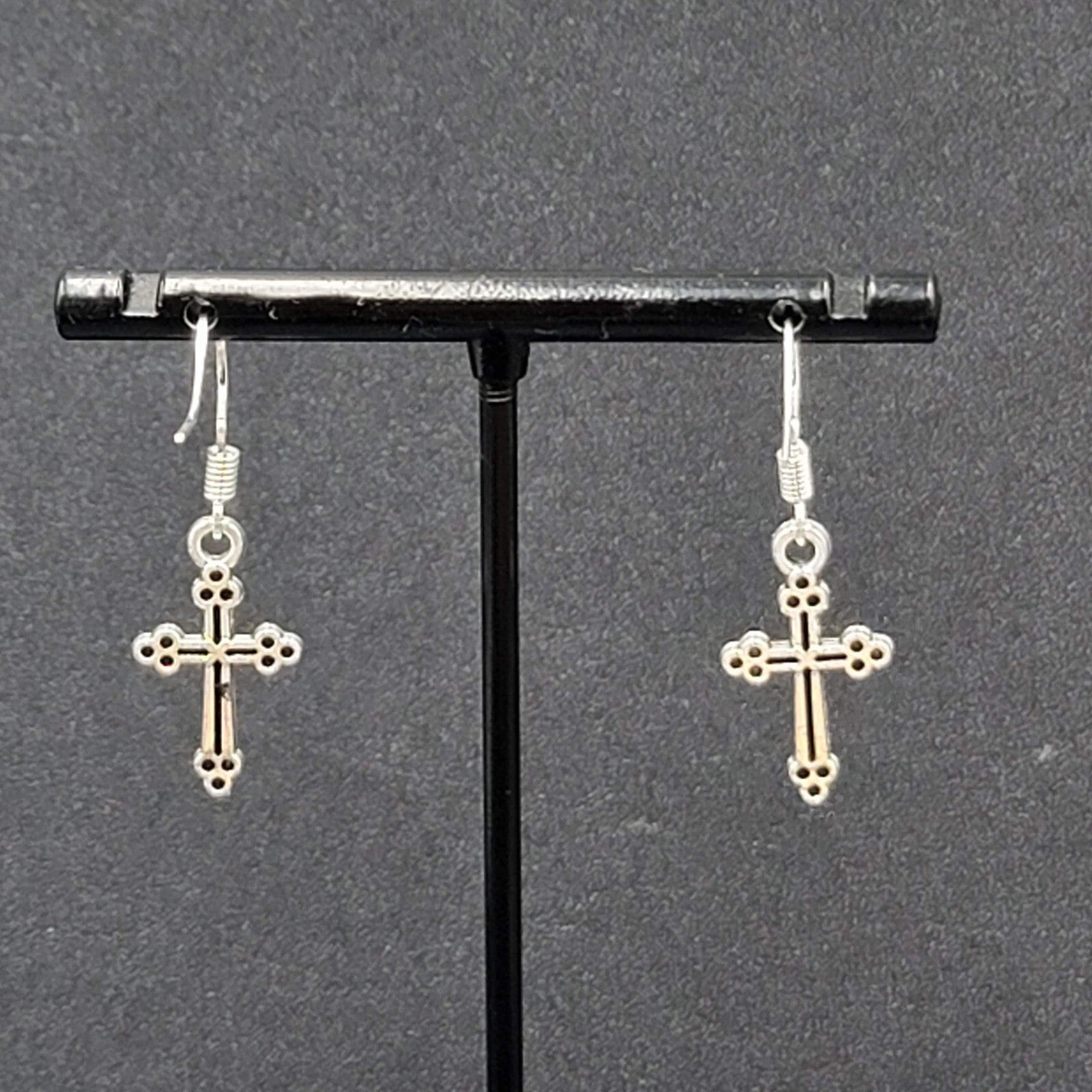Pierced Earrings Cross Silver tone Dangle 7/8"