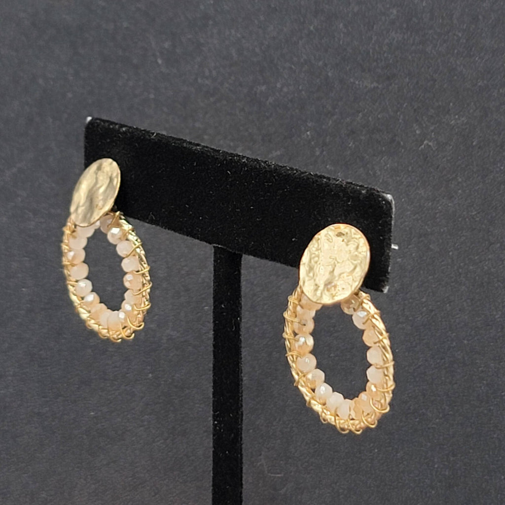 Pierced Earrings Gold tone Quartz Bead Hoops Drop 1"