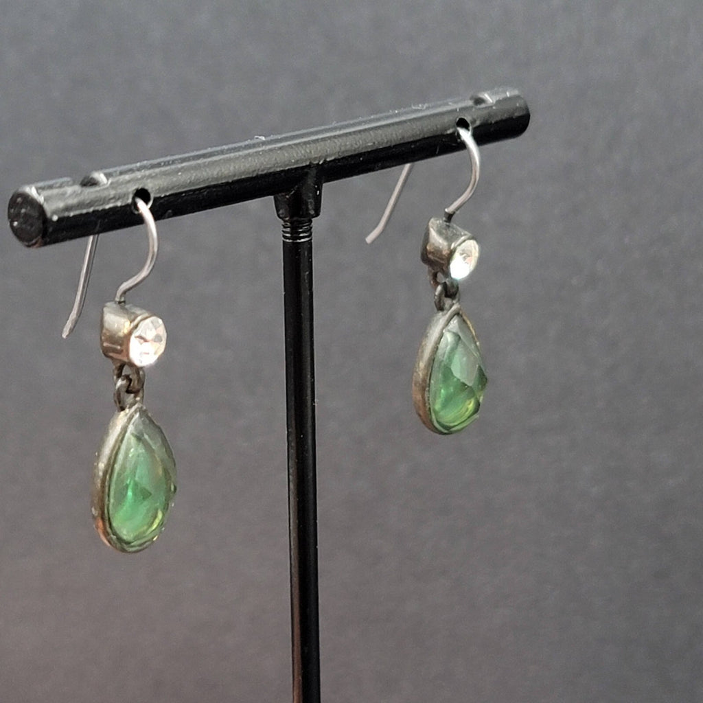 Pierced Earrings Bronze tone Green Faceted Teardrop Stone 3/4"