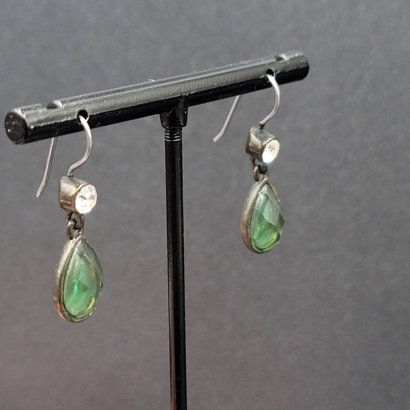 Pierced Earrings Bronze tone Green Faceted Teardrop Stone 3/4"