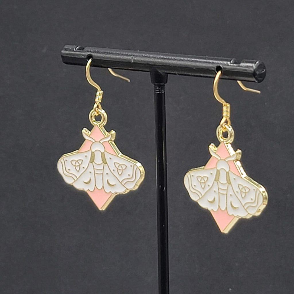 White Moth Pink Enamel Pierced Earrings Gold tone Dangle Butterfly 1"