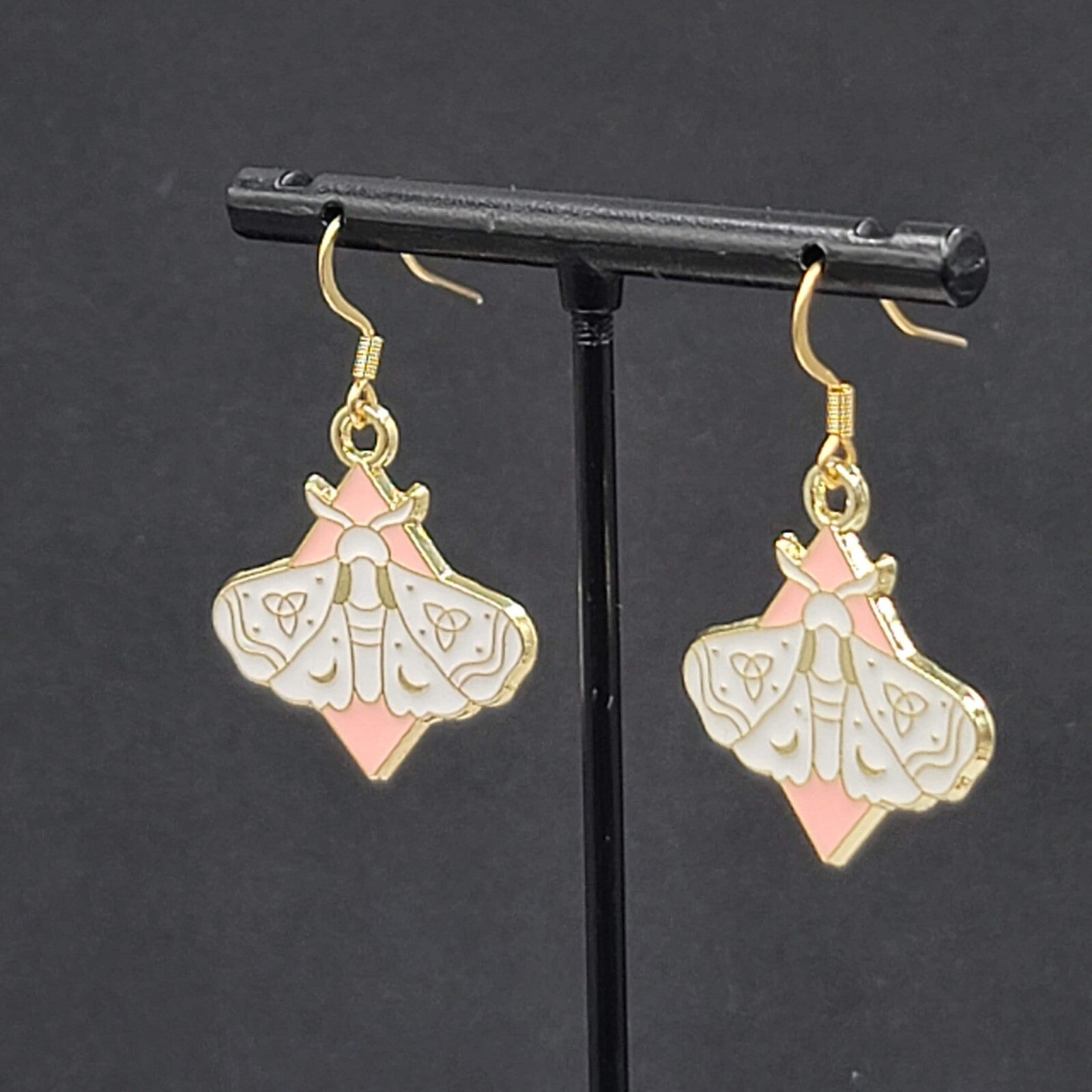 White Moth Pink Enamel Pierced Earrings Gold tone Dangle Butterfly 1"