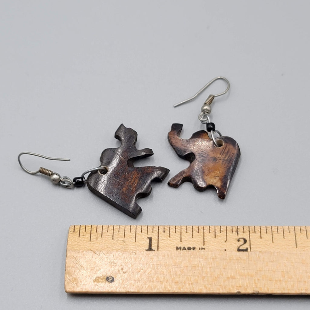 Vintage Elephant Pierced Earrings Hand Carved Wood Dangle Silver tone Hooks 1"