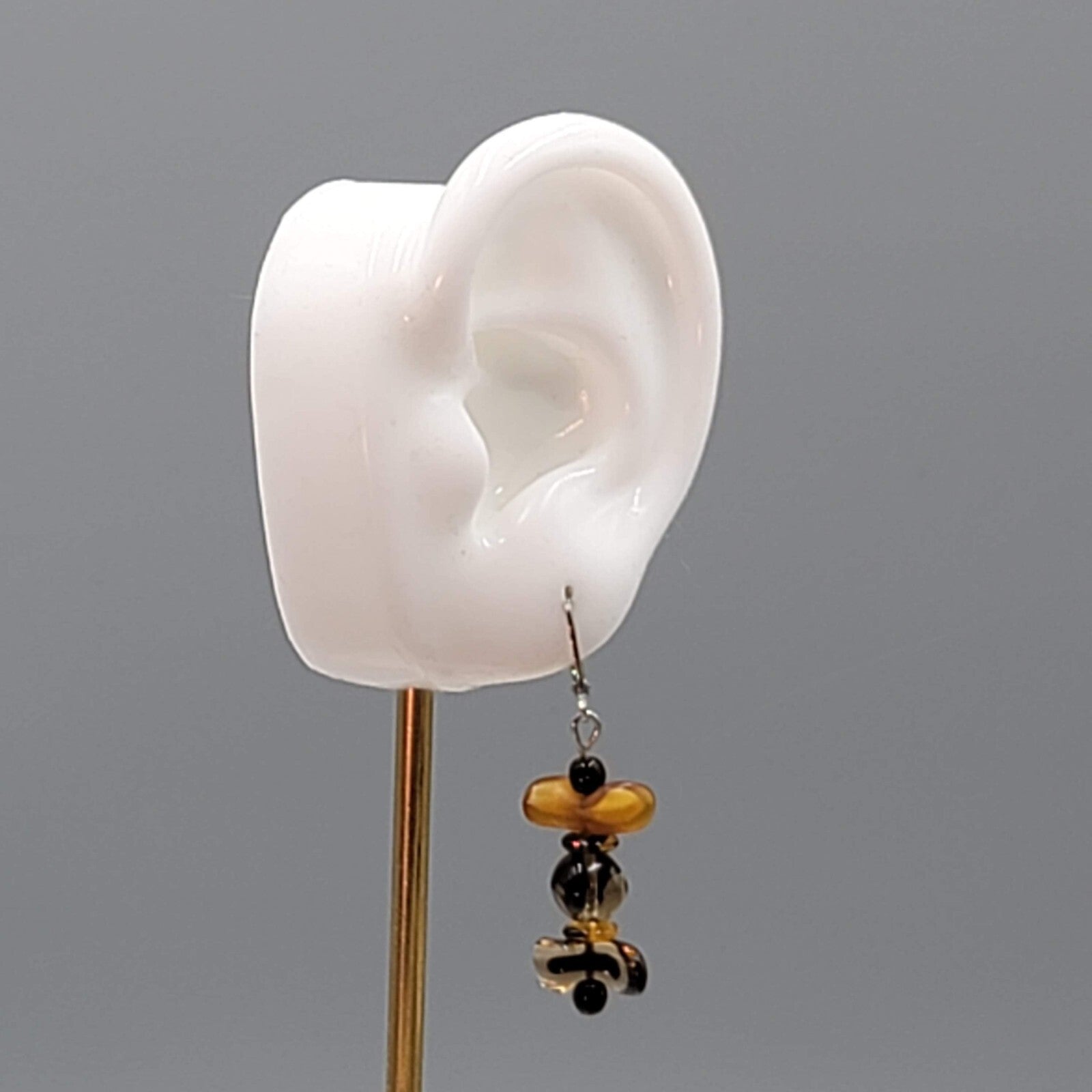 Glass Bead Pierced Earrings Variegated Browns Leverback Dangle Silver tone 1.25"