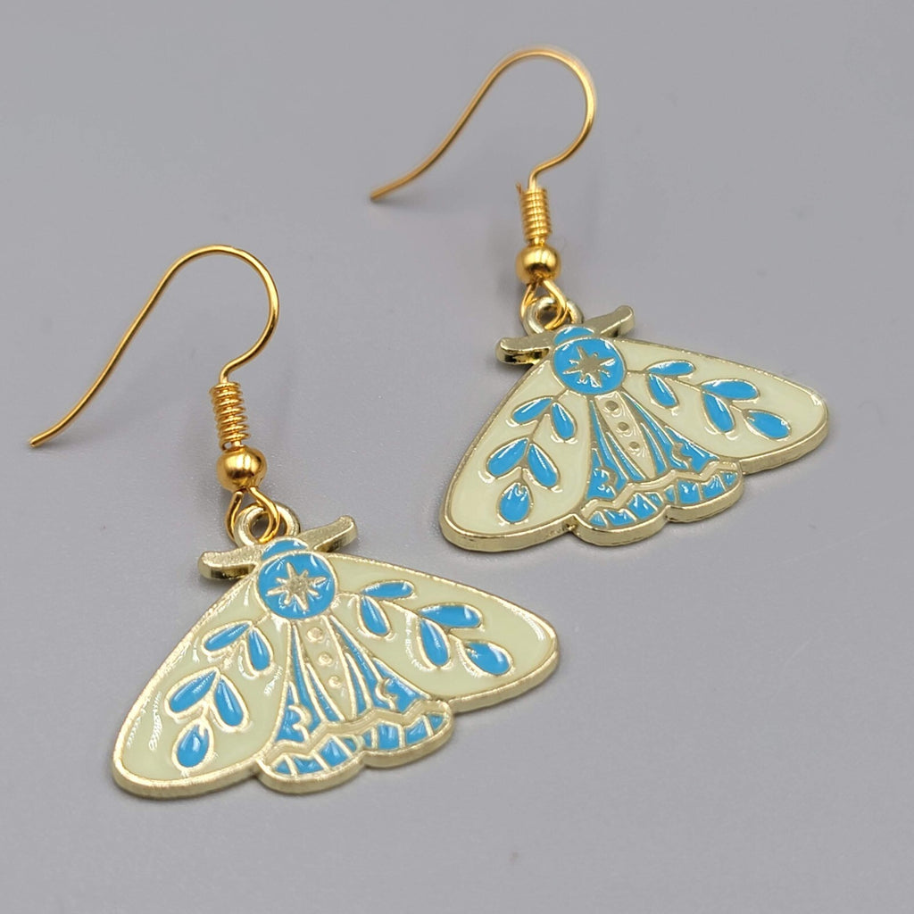 Moth Pierced Earrings Gold tone Yellow Blue Enamel Dangle 3/4"