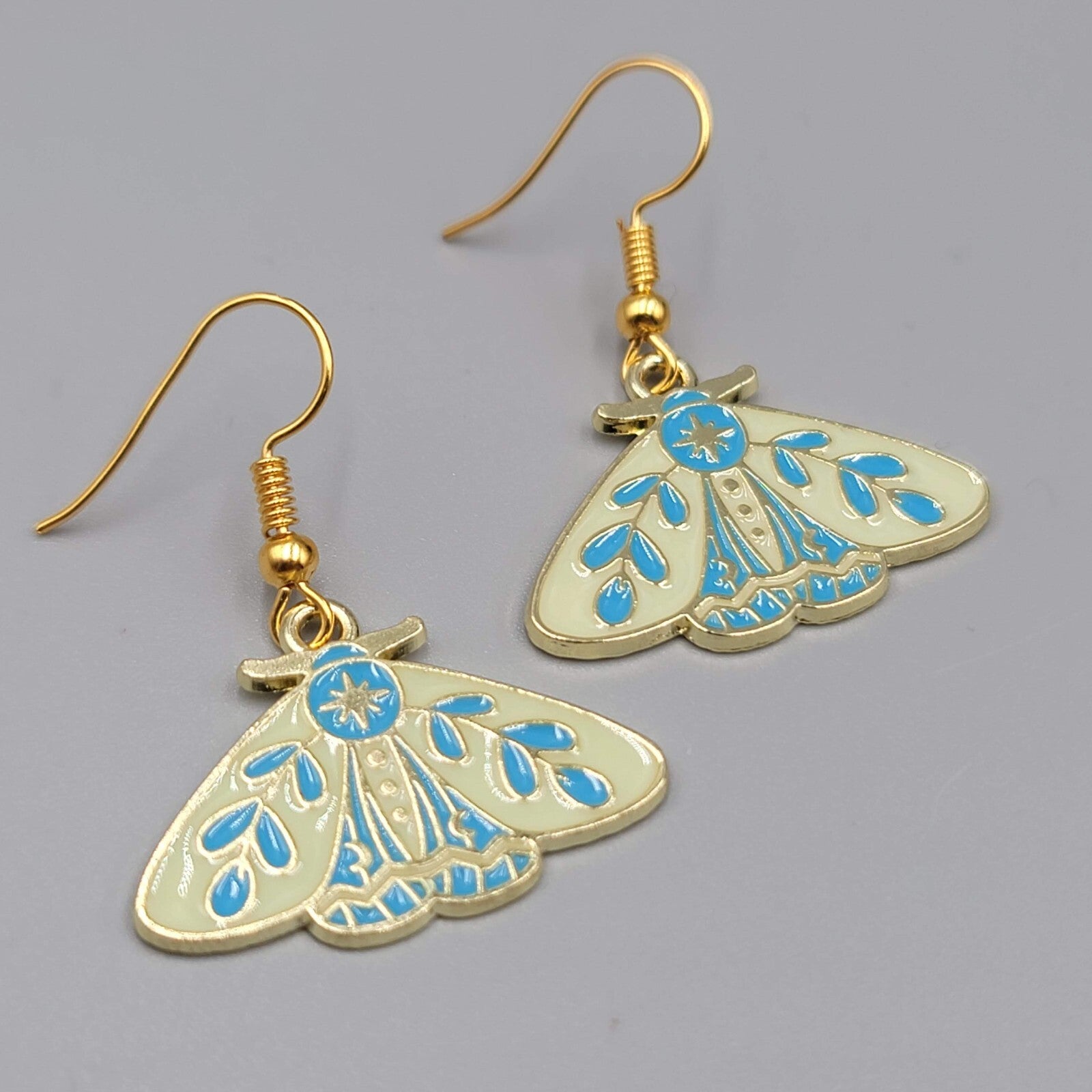 Moth Pierced Earrings Gold tone Yellow Blue Enamel Dangle 3/4"