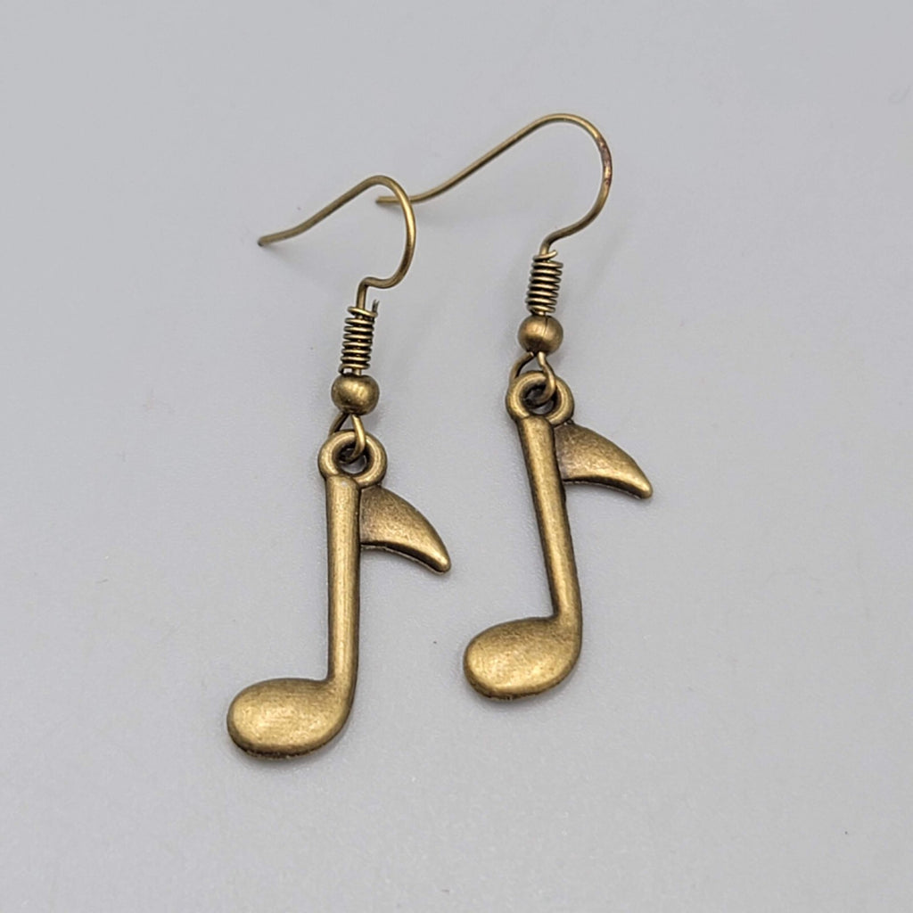 Music Eighth Note Pierced Earrings Bronze tone Dangle 7/8"