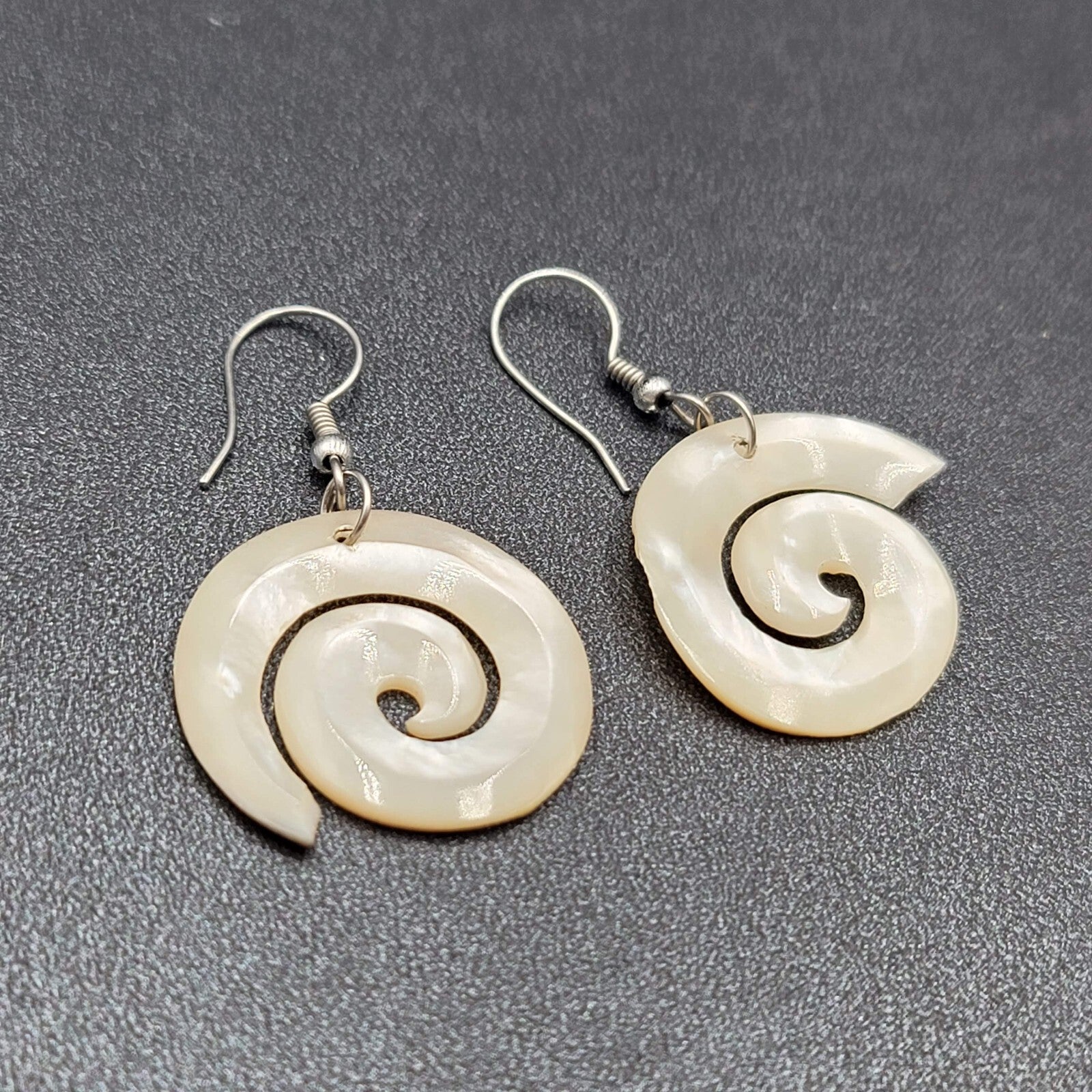 Pierced Earrings Silver tone Mother of Pearl Hand Carved Spirals  1.25"