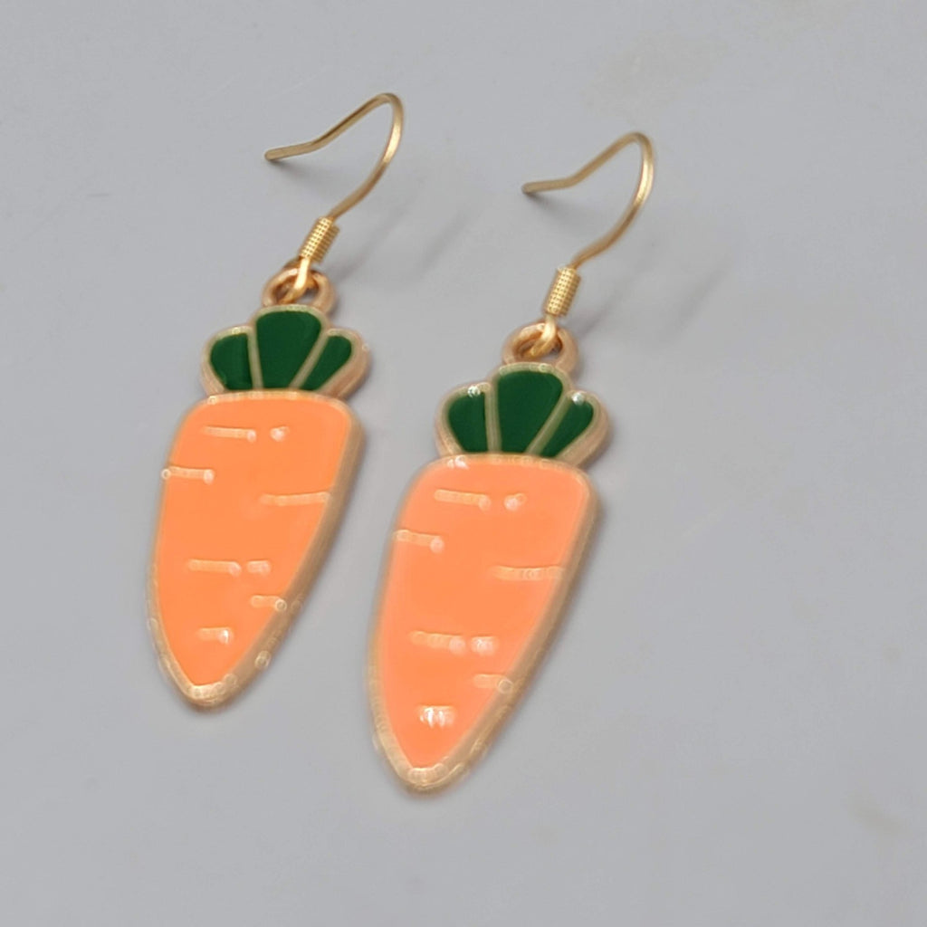 Enamel Carrot Pierced Earrings Veggie Gold tone Dangle 1 3/8"