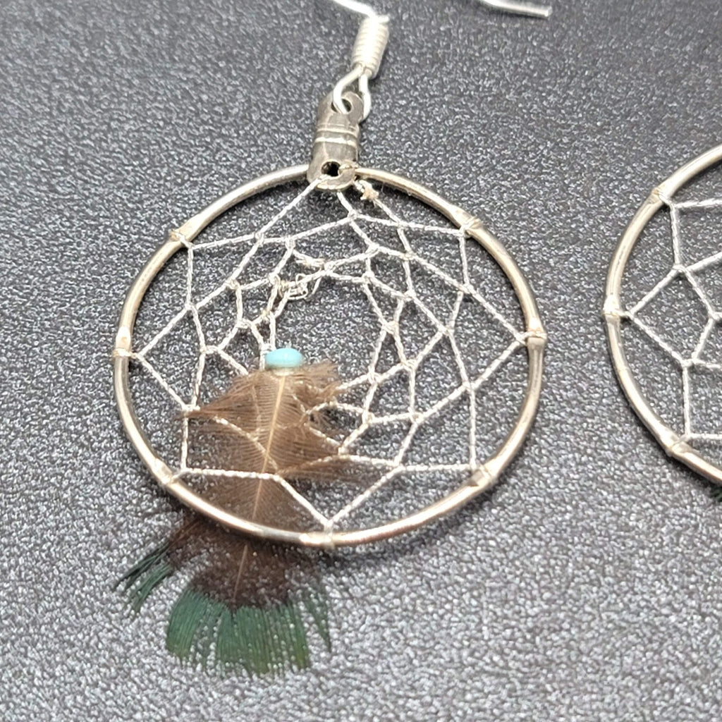 Vintage Pierced Earrings Silver tone Dreamcatcher Real Feather  1.5"