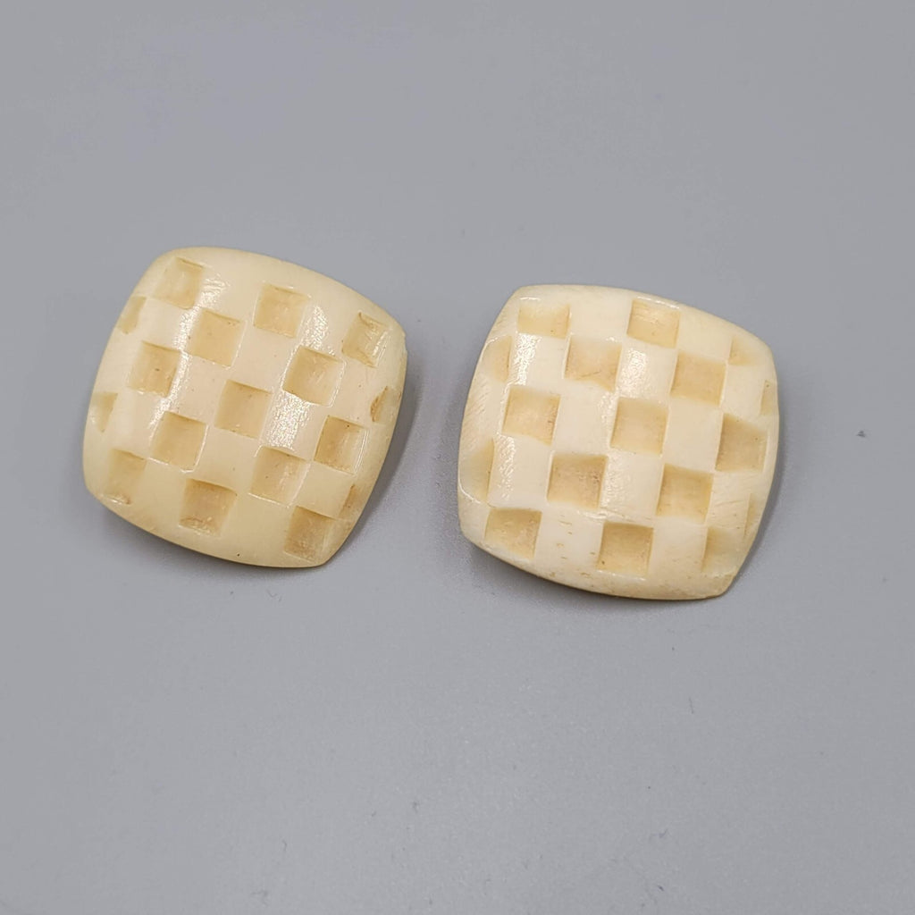 Vintage Clip on Earrings Hand Carved Checkered Square Drop 1.25"