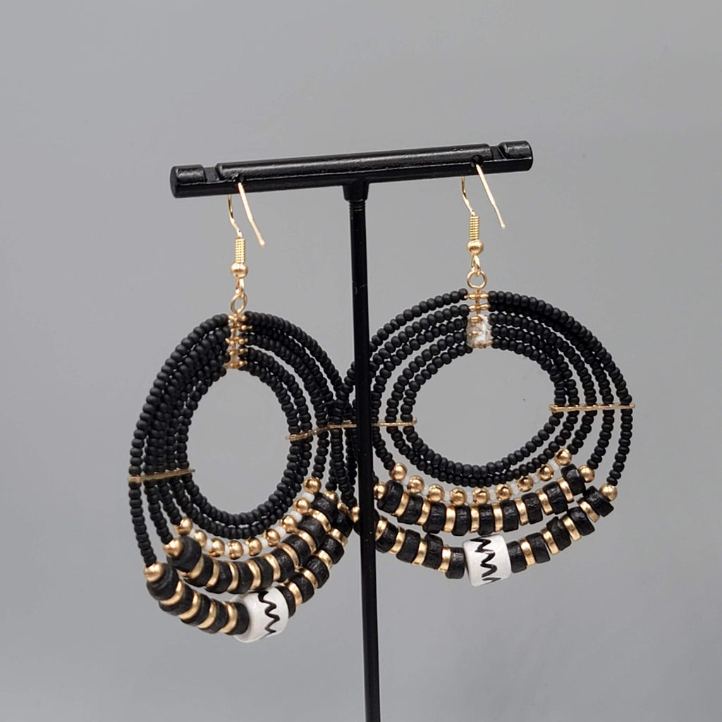 Pierced Earrings Black Gold tone Bead Hoops Boho Dangle 2"
