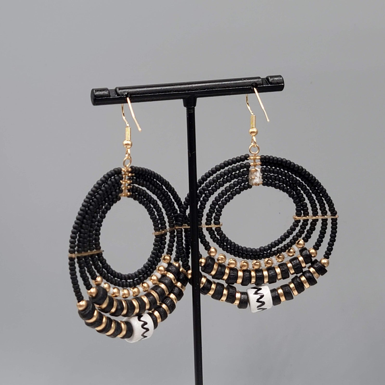 Pierced Earrings Black Gold tone Bead Hoops Boho Dangle 2"