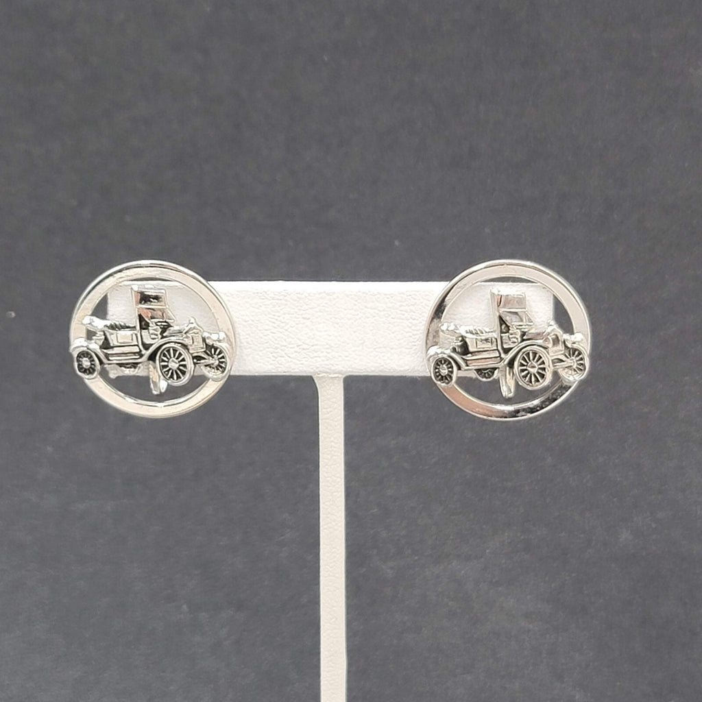 Vintage Clip on Earrings Silver tone Antique Car 3D Circle Screw Back 1"