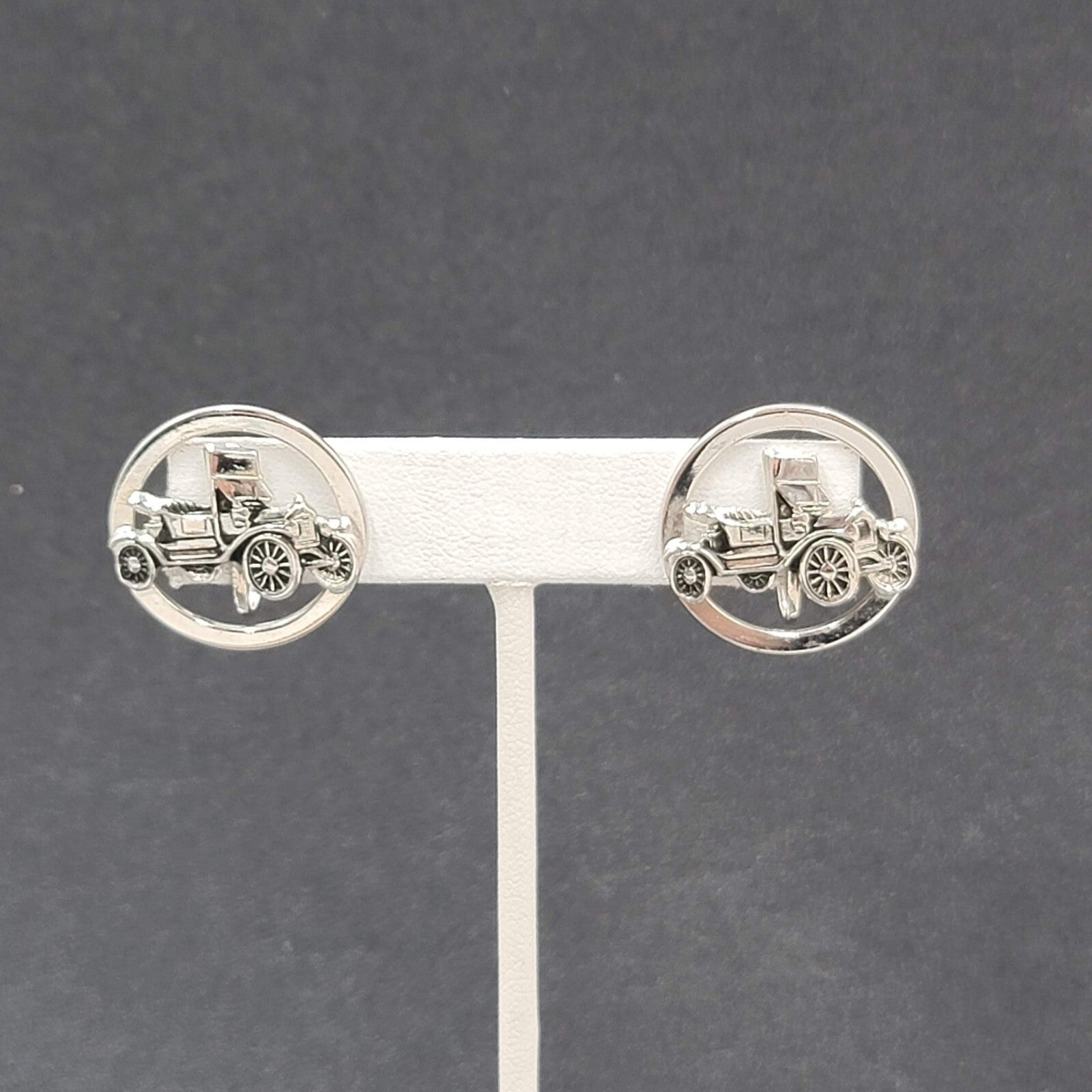Vintage Clip on Earrings Silver tone Antique Car 3D Circle Screw Back 1"