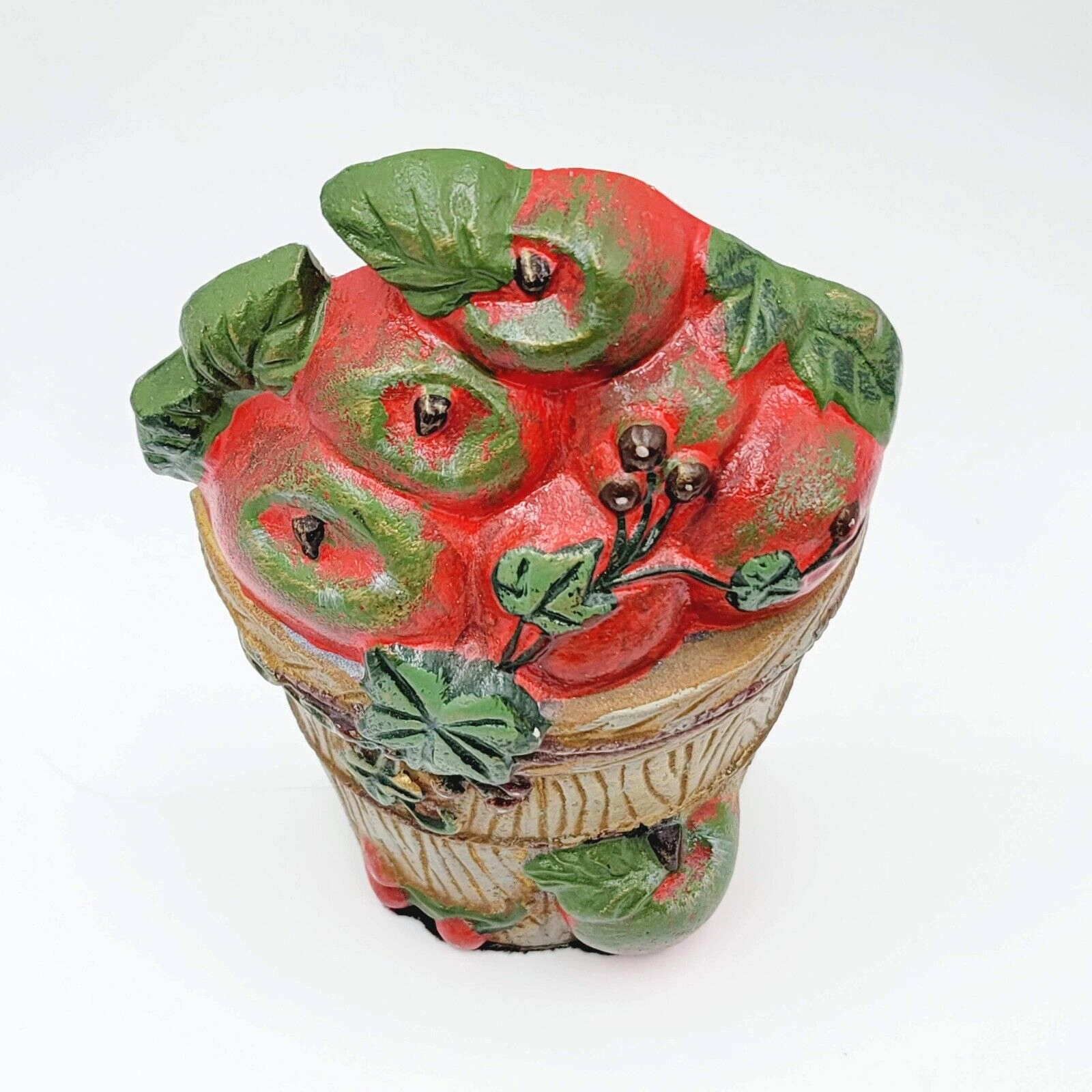 Vintage Cast Iron Doorstop Basket of Apples Painted 6.5"