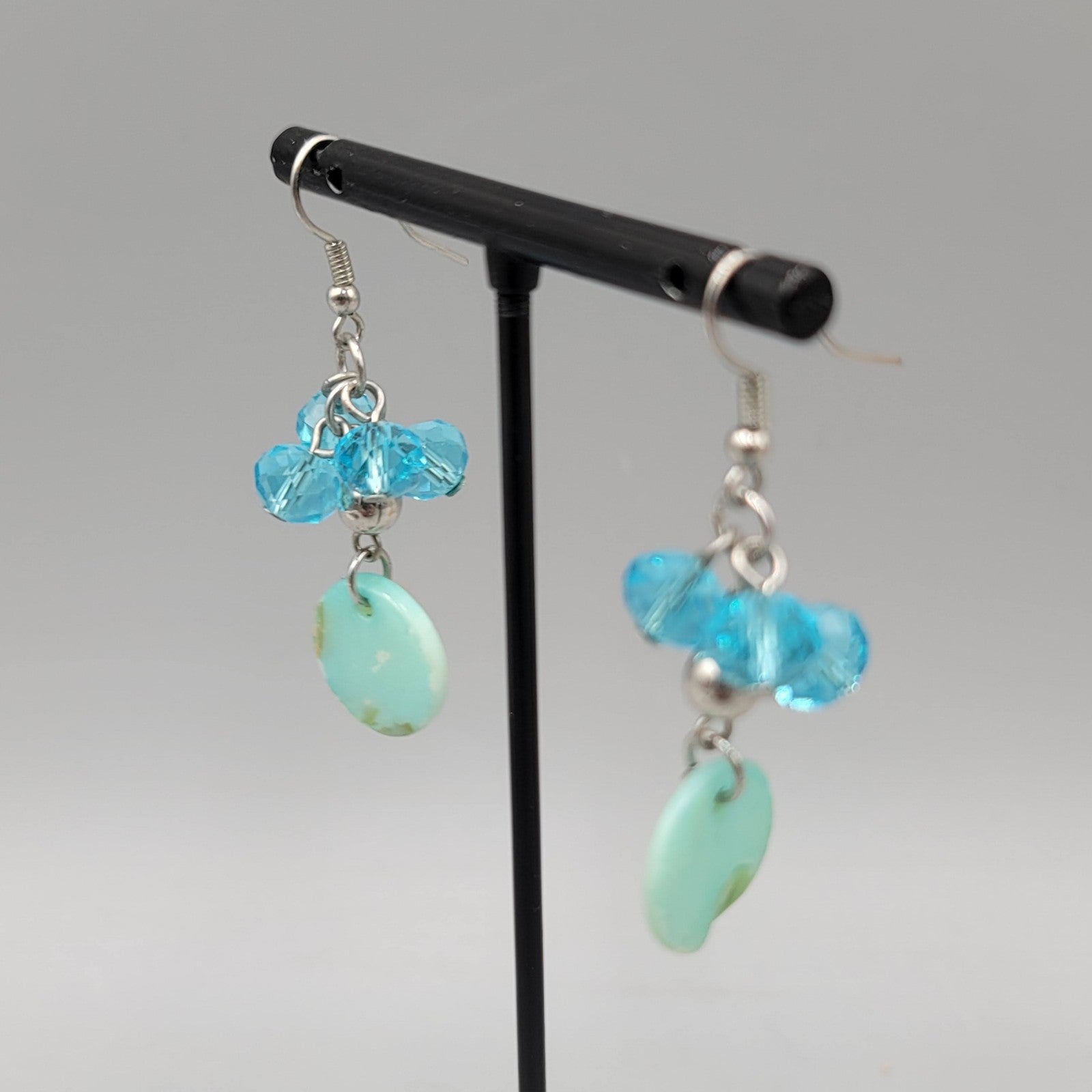 Blue Crystal Bead Dangle Pierced Earrings Silver Tone Shell Disc Drop Boho 1.25"