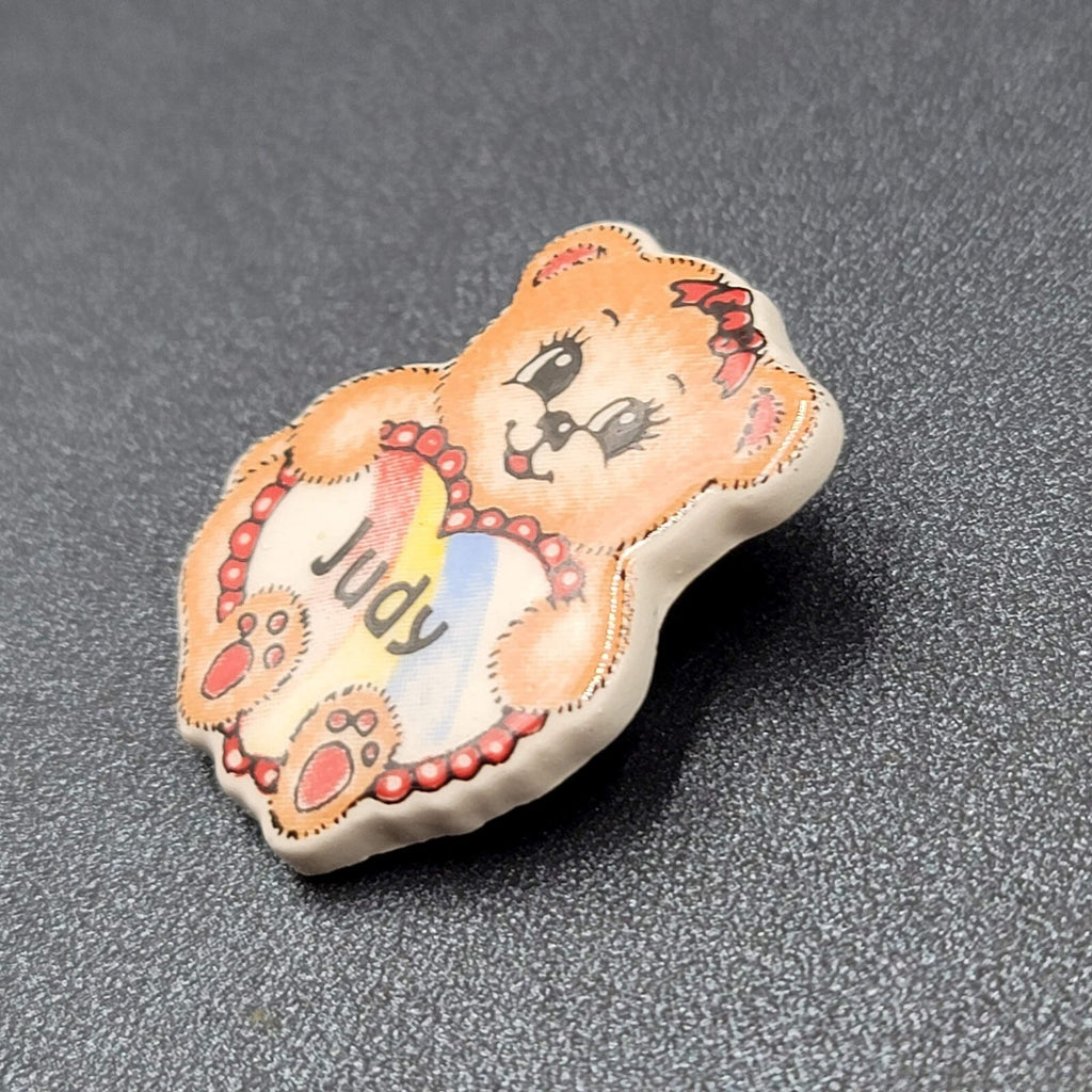 Vintage Bear Heart Ceramic JUDY Name Pin 1 3/8"