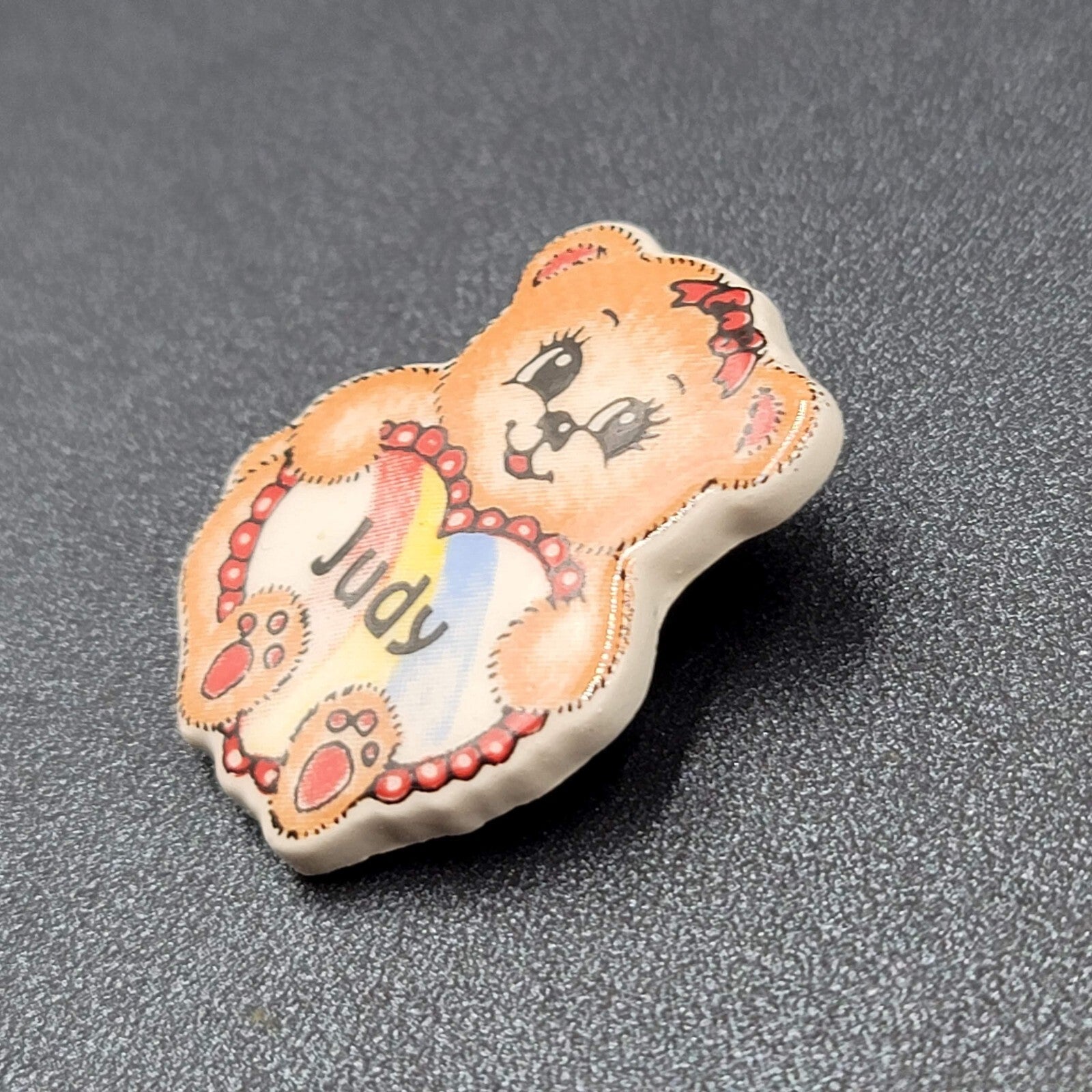 Vintage Bear Heart Ceramic JUDY Name Pin 1 3/8"