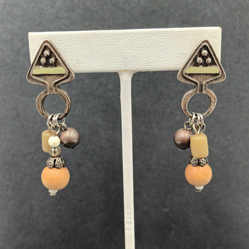 Boho Pierced Earrings Silver tone Wood Bead Dangle 2.25"