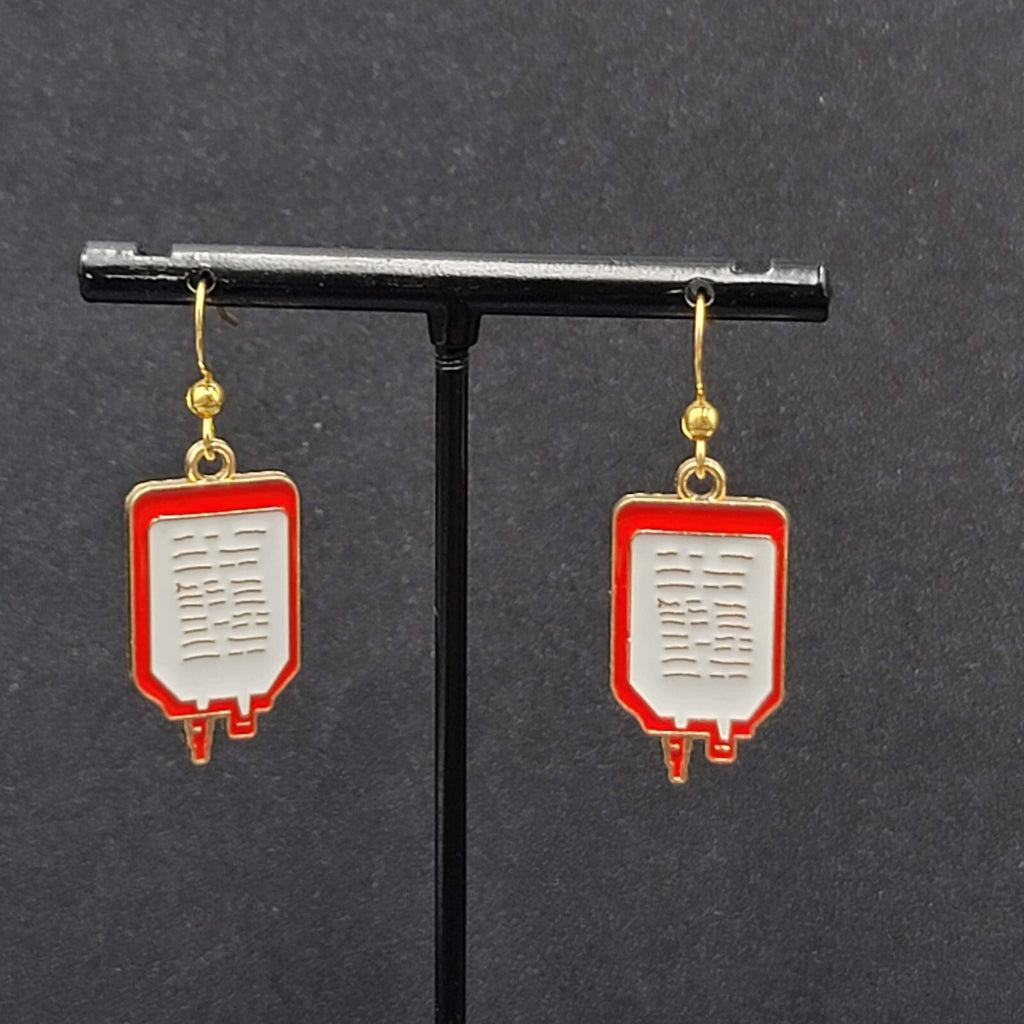 Nurse Pierced Earrings Medical IV Bag Red White Enamel Gold tone Dangle 1"