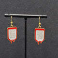 Nurse Pierced Earrings Medical IV Bag Red White Enamel Gold tone Dangle 1"
