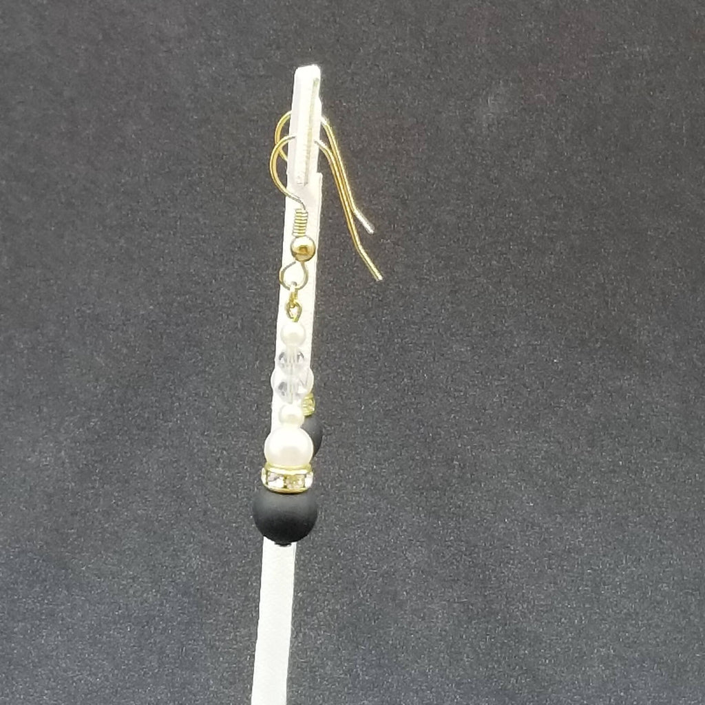Pierced Earrings Gold tone Crystal Faux Pearl Black Beaded Dangle 1 1/8"