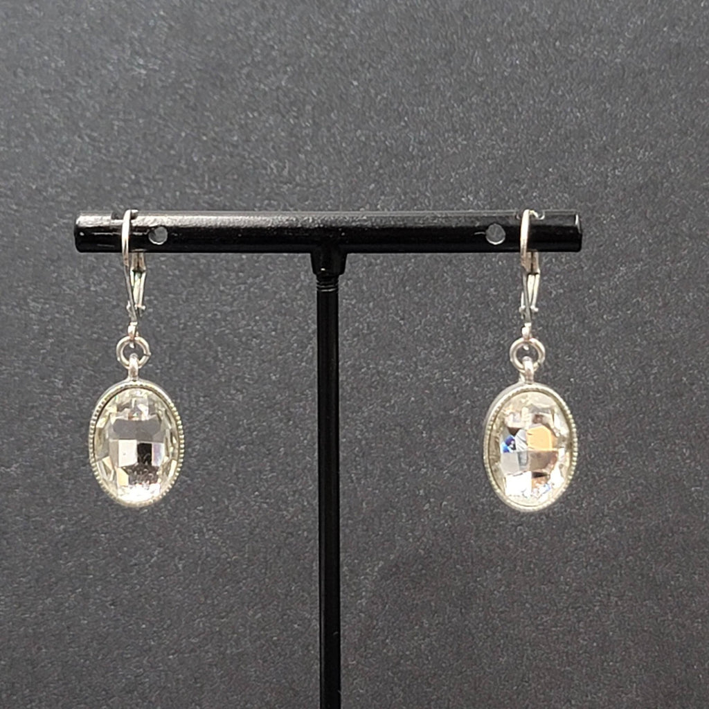 Pierced Earrings Silver tone Faceted Oval Glass Signed Dangle 3/4"