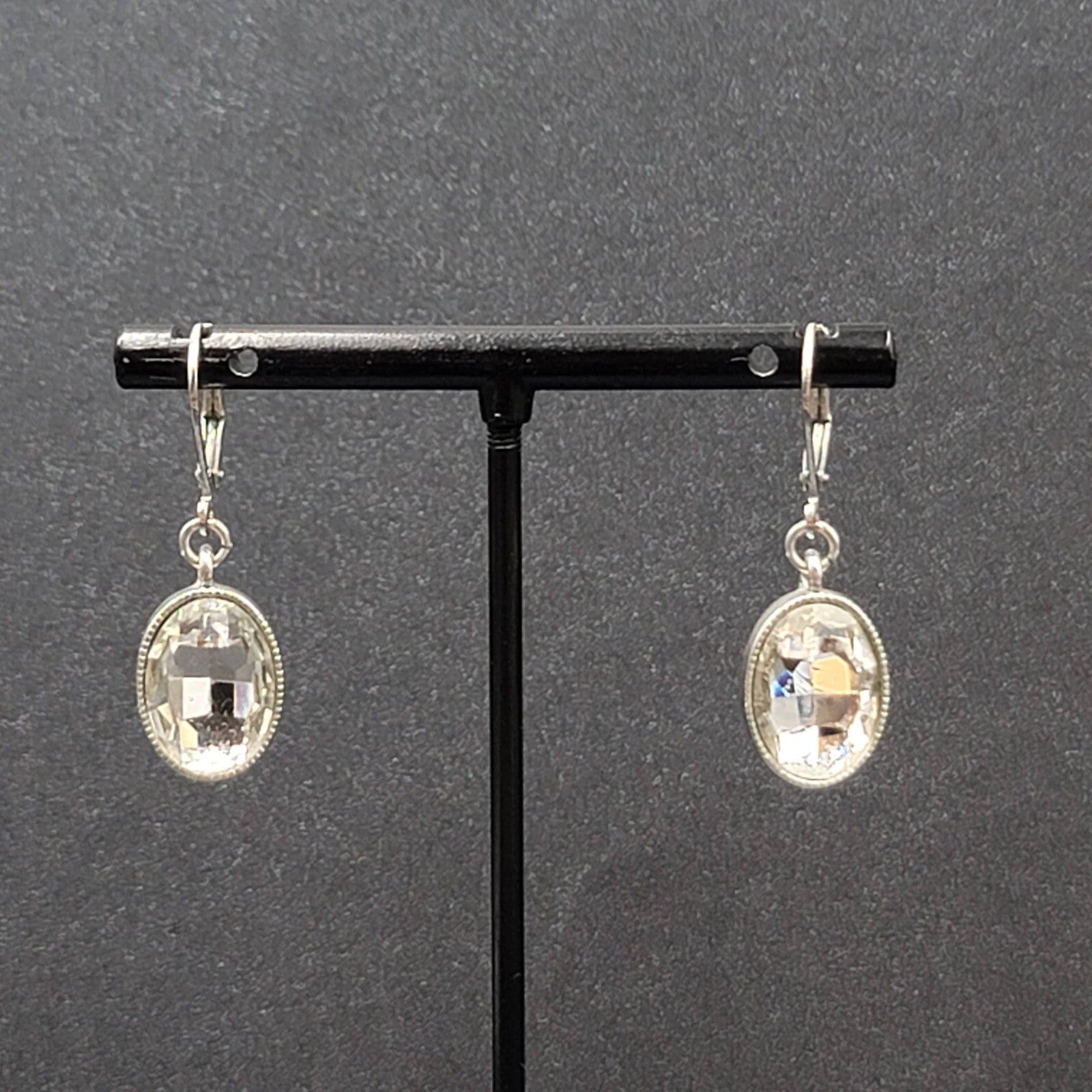 Pierced Earrings Silver tone Faceted Oval Glass Signed Dangle 3/4"