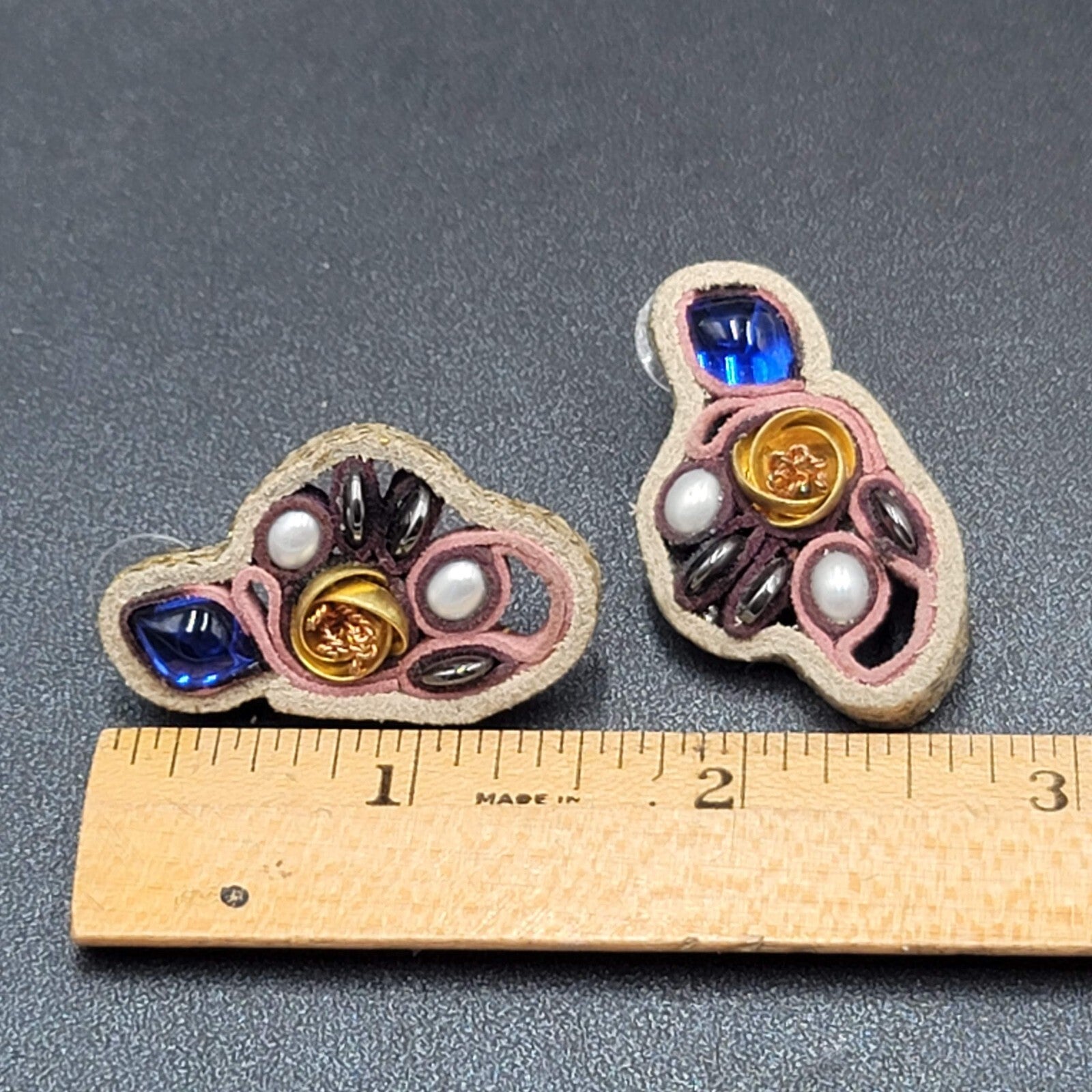 Artisan Pierced Earrings Leather Beaded Gold tone Rose Unusual Fun Drop 1.5"