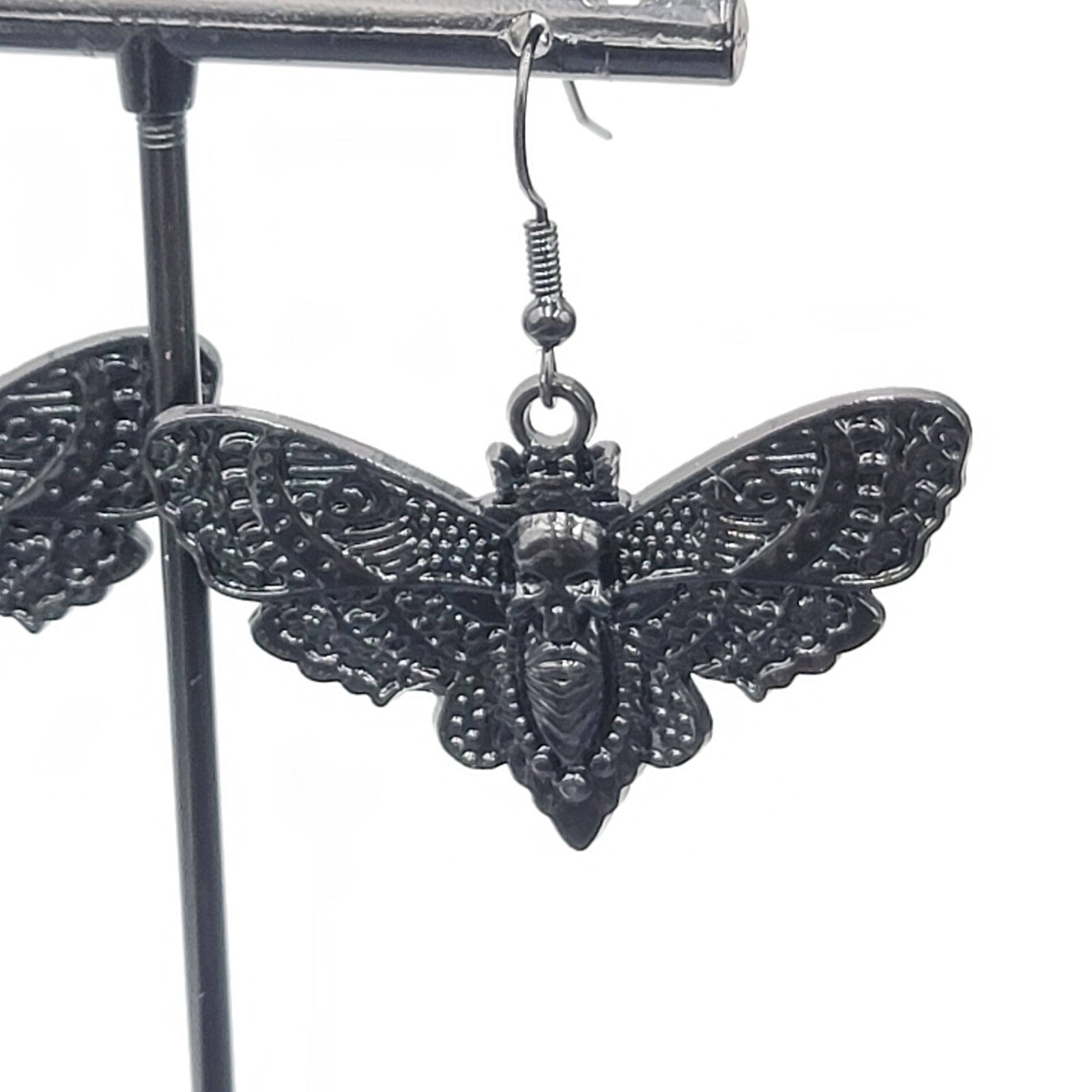 Death Head Moth Pierced Earrings Black Enamel Dangle 1" x 1 5/8" 