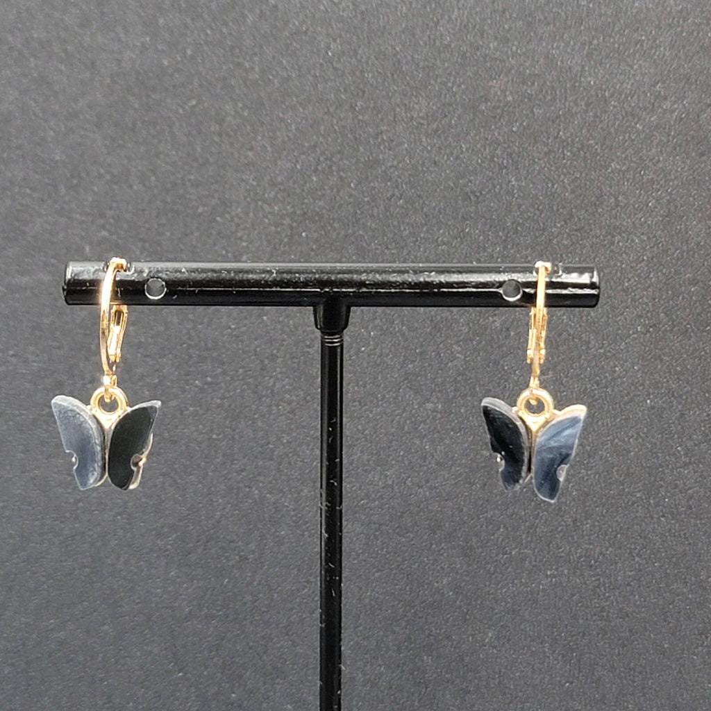 New Pierced Earrings Gold tone Gray Resin Butterfly Dangle Huggie Hoops 1/2"