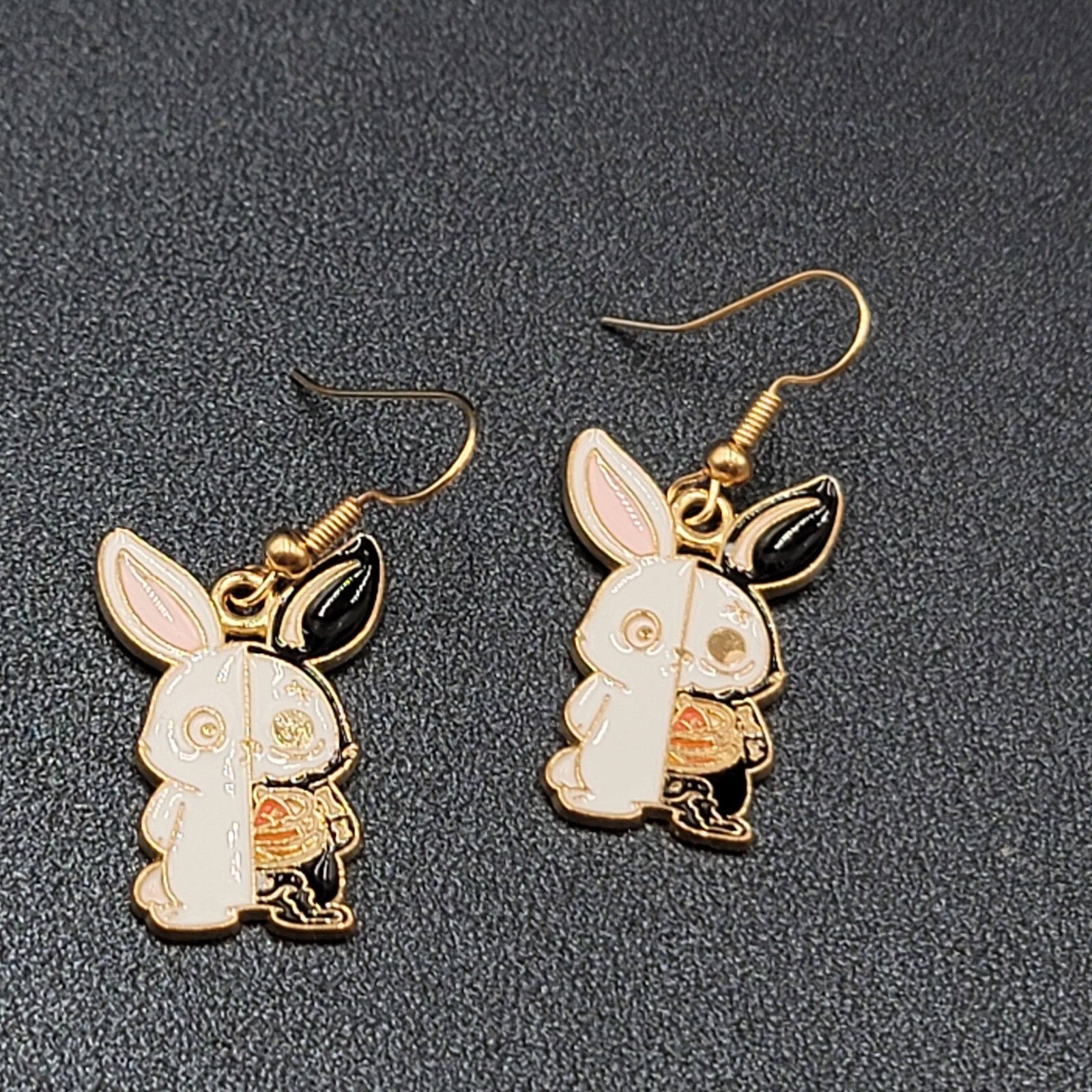Zombie Rabbit Bunny Pierced Earrings Halloween Half Skeleton Enamel Dangle 1"