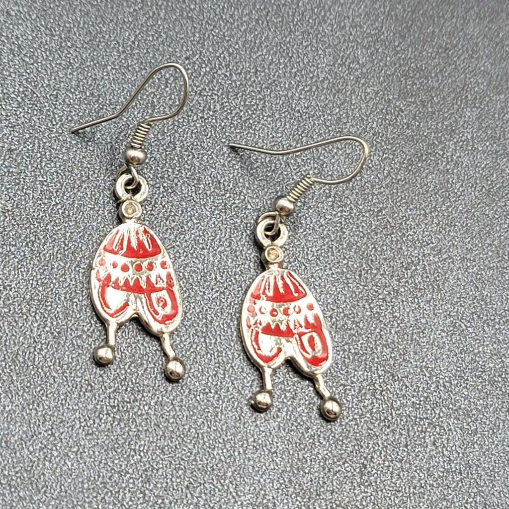 Pierced Earrings Silver tone Red Enamel Winter Hat Dangle 1 1/8"