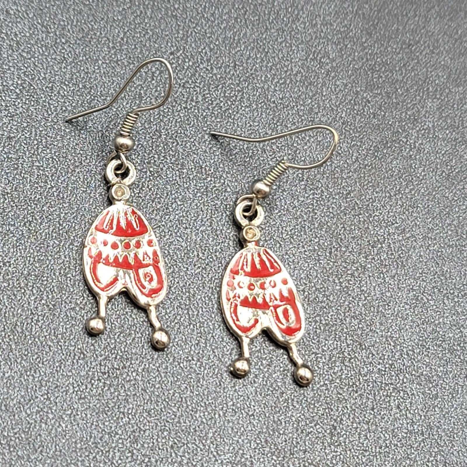 Pierced Earrings Silver tone Red Enamel Winter Hat Dangle 1 1/8"