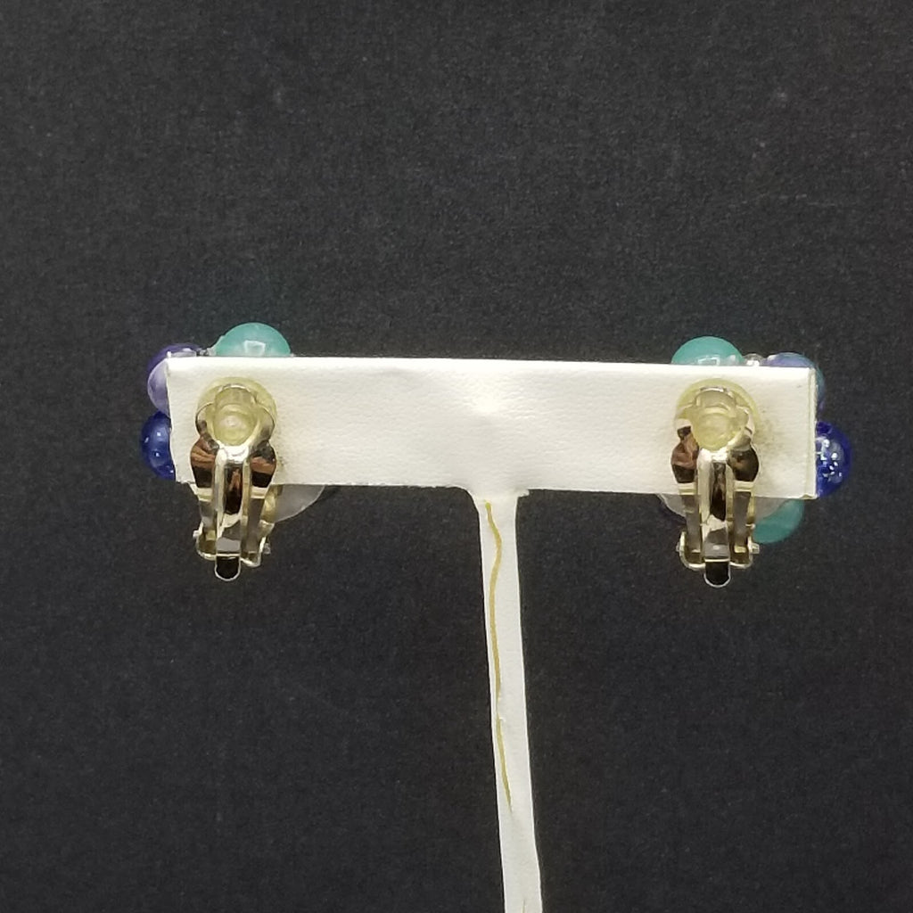 Vintage Clip On Silver tone Blue and Green Acrylic Bead Cluster Stud 1"