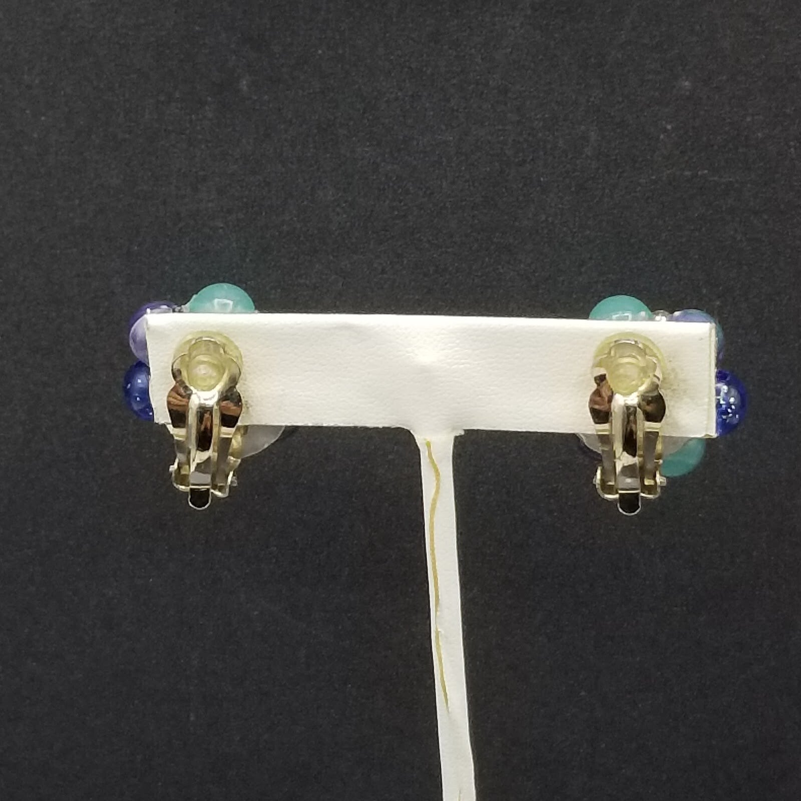 Vintage Clip On Silver tone Blue and Green Acrylic Bead Cluster Stud 1"