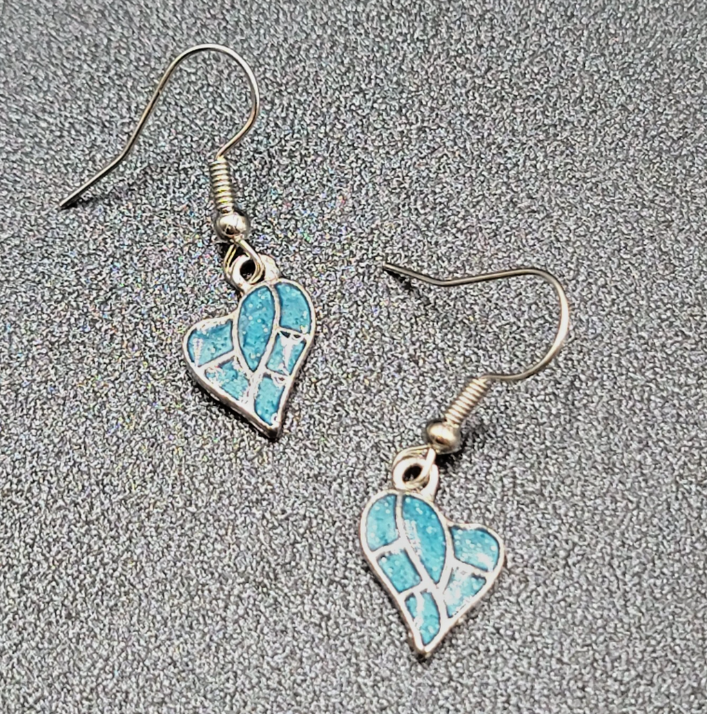Heart Pierced Earrings Silver tone Blue Enamel Glitter Dangle 5/8"