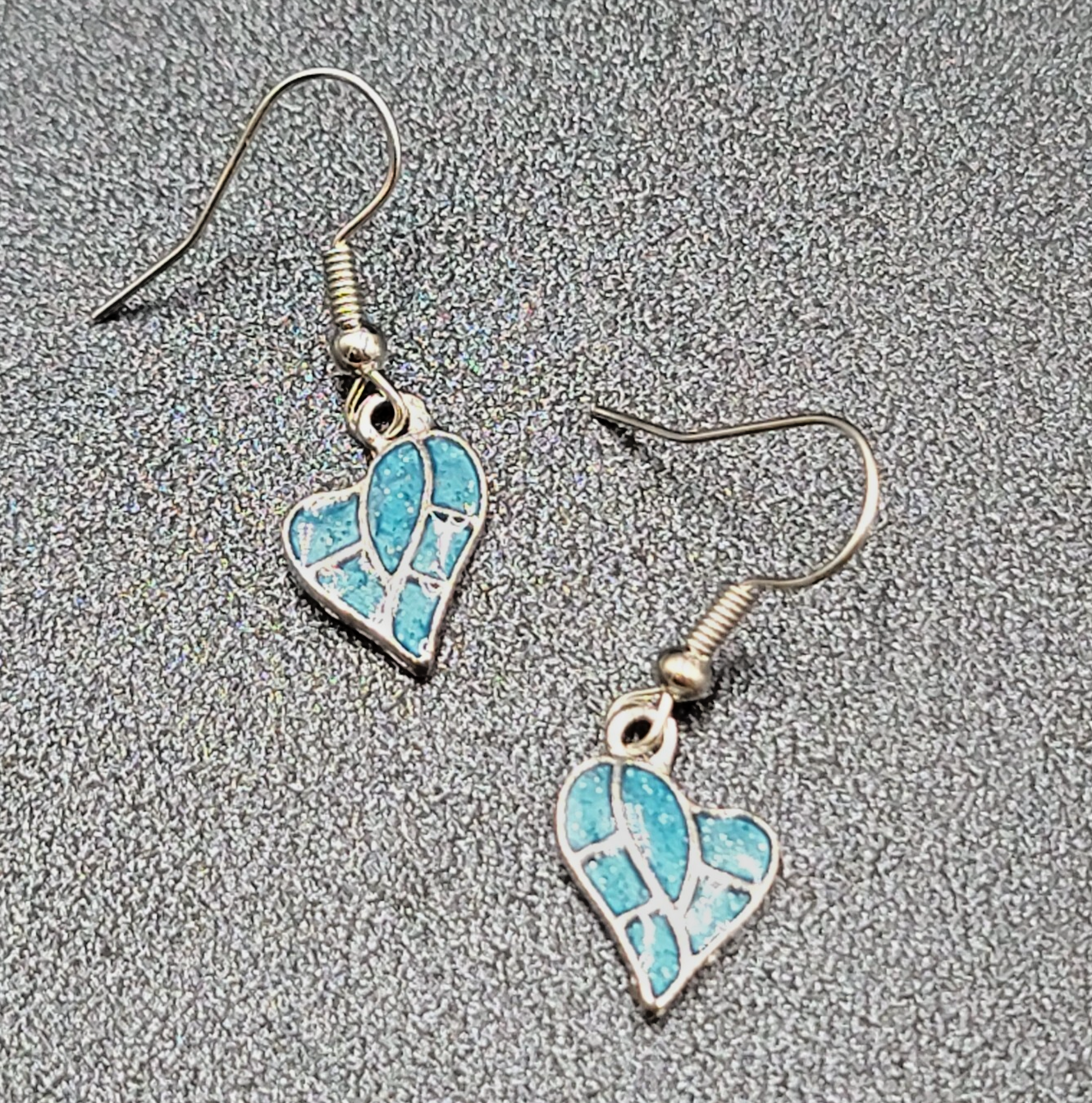 Heart Pierced Earrings Silver tone Blue Enamel Glitter Dangle 5/8"