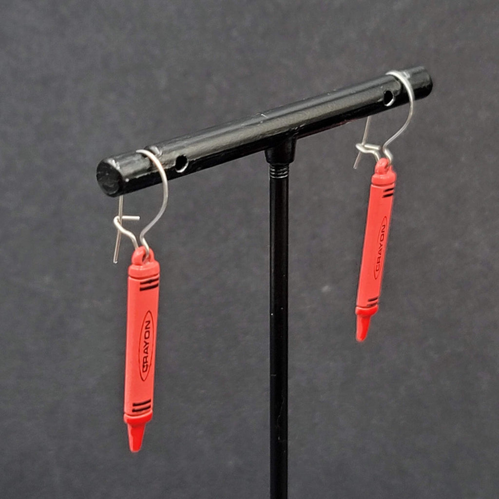 Vintage Pierced Earrings Red Crayon Dangle Silver tone Hooks Dangle 1 1/8"