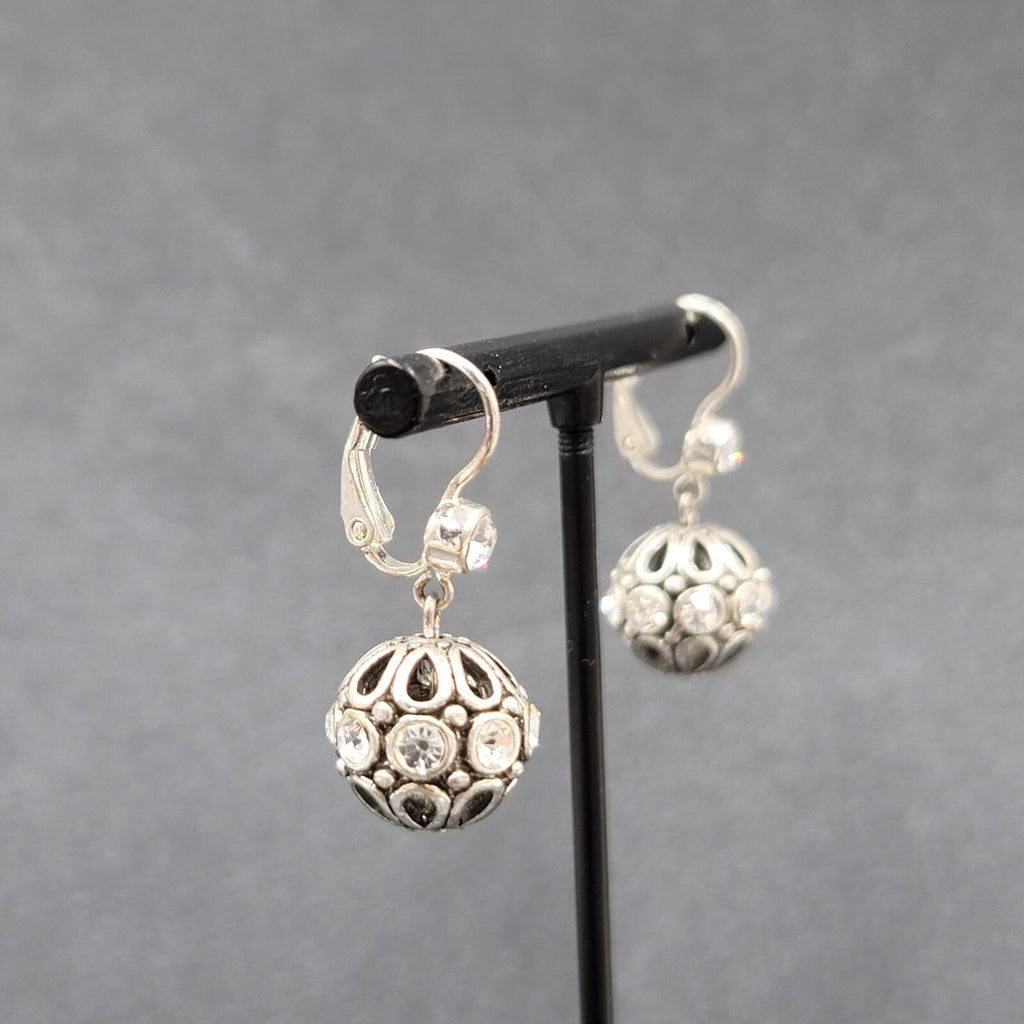 Pierced Earrings Silver tone Crystal Rhinestone Sphere Dangle 5/8" Sparkly!