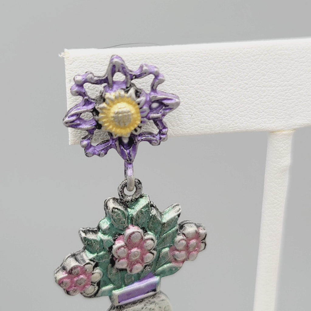 Vintage Don Lin Pierced Earrings Flower Bouquet Dangle 2.5"