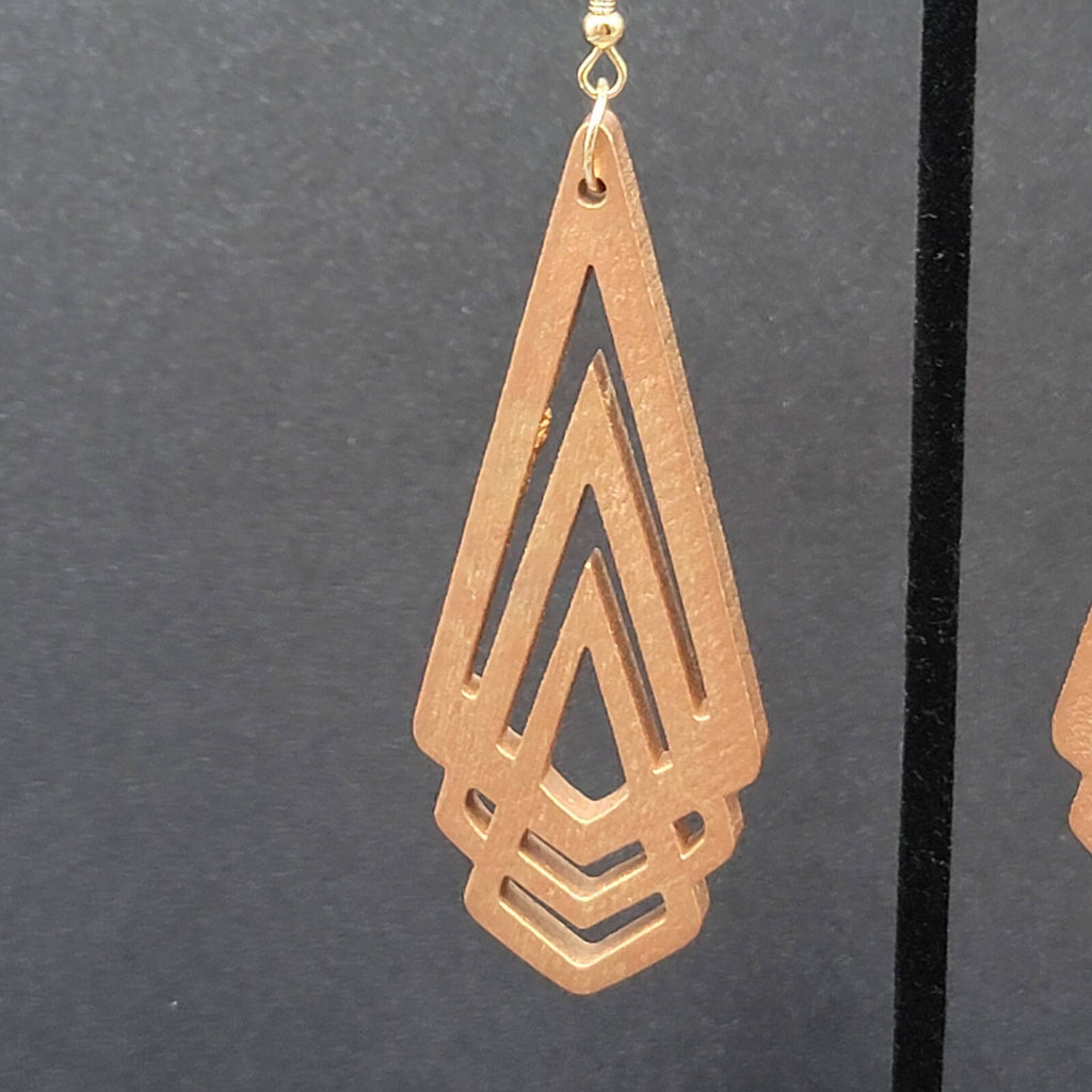 New Boho Pierced Earrings Metallic Gold Wood Cut Geometric Dangle 3"