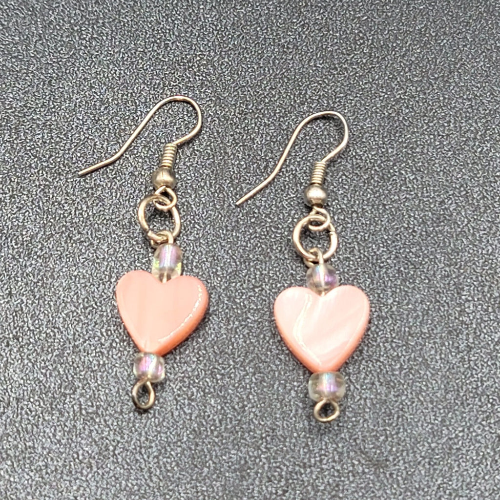 Pierced Earrings Silver tone Pink Mother of Pearl Heart 1"
