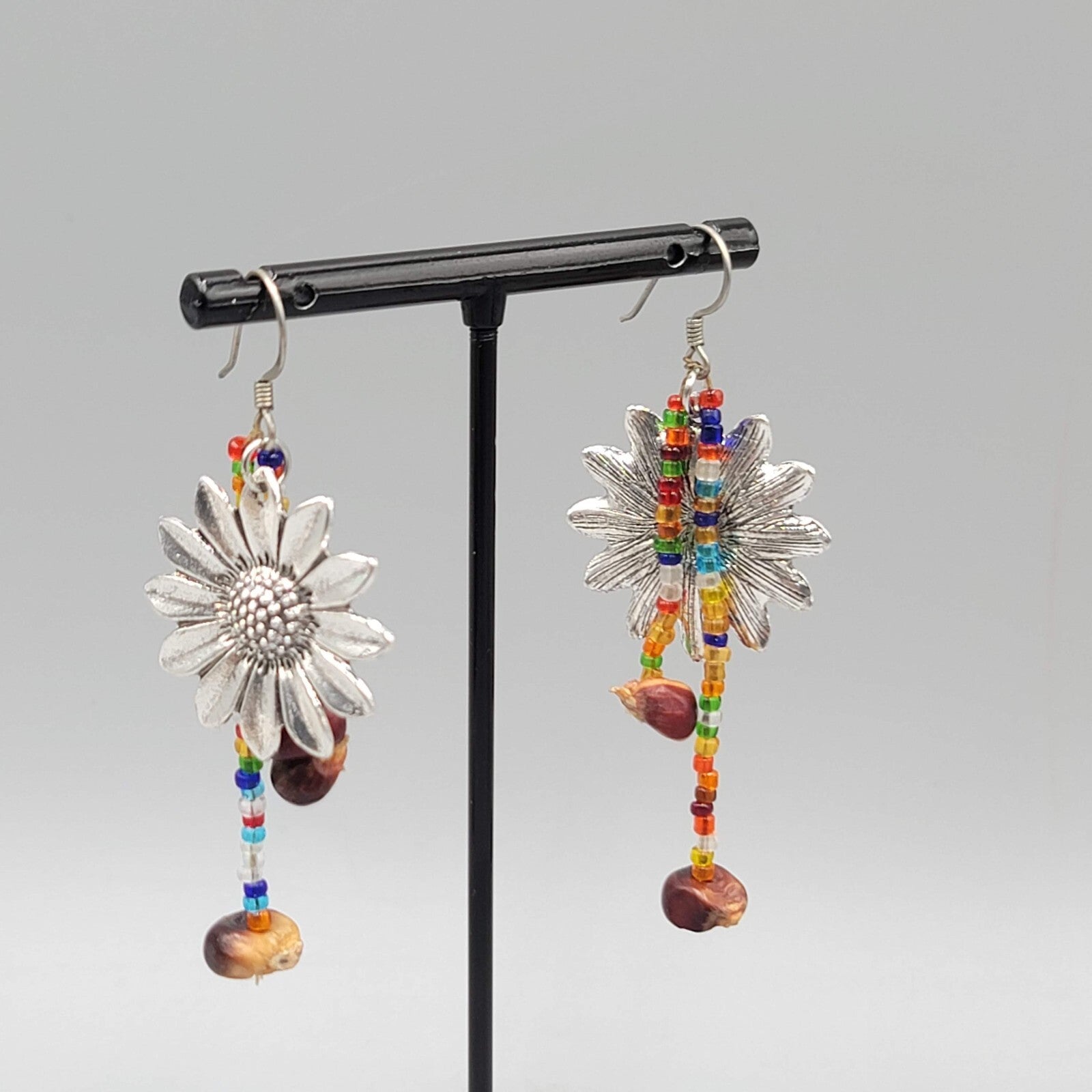 Flower Pierced Earrings Seed Beads Silver tone Dangle 2.25"