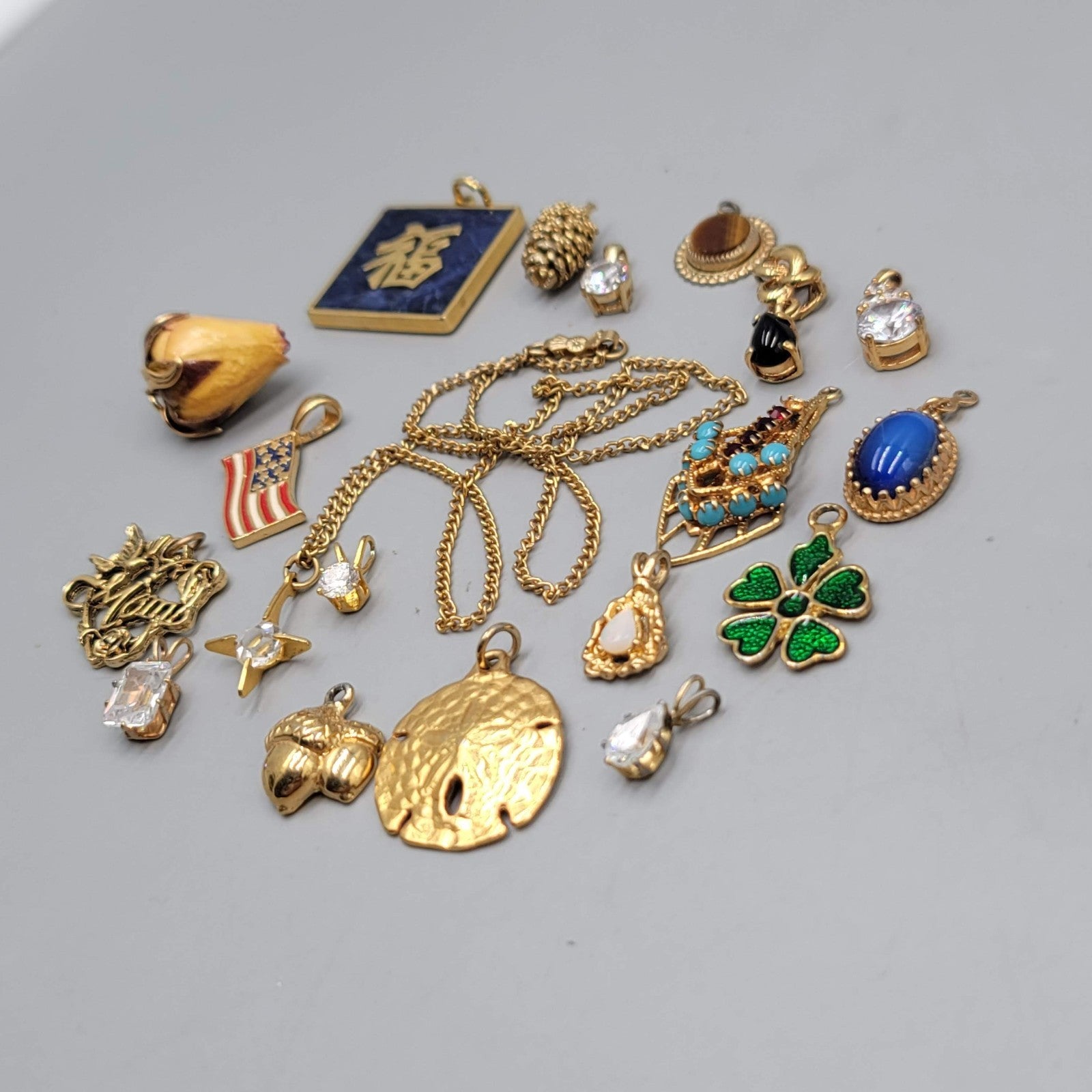 All Gold tone Pendant Lot of 19 Rose Flag Cubic Zirconia & More