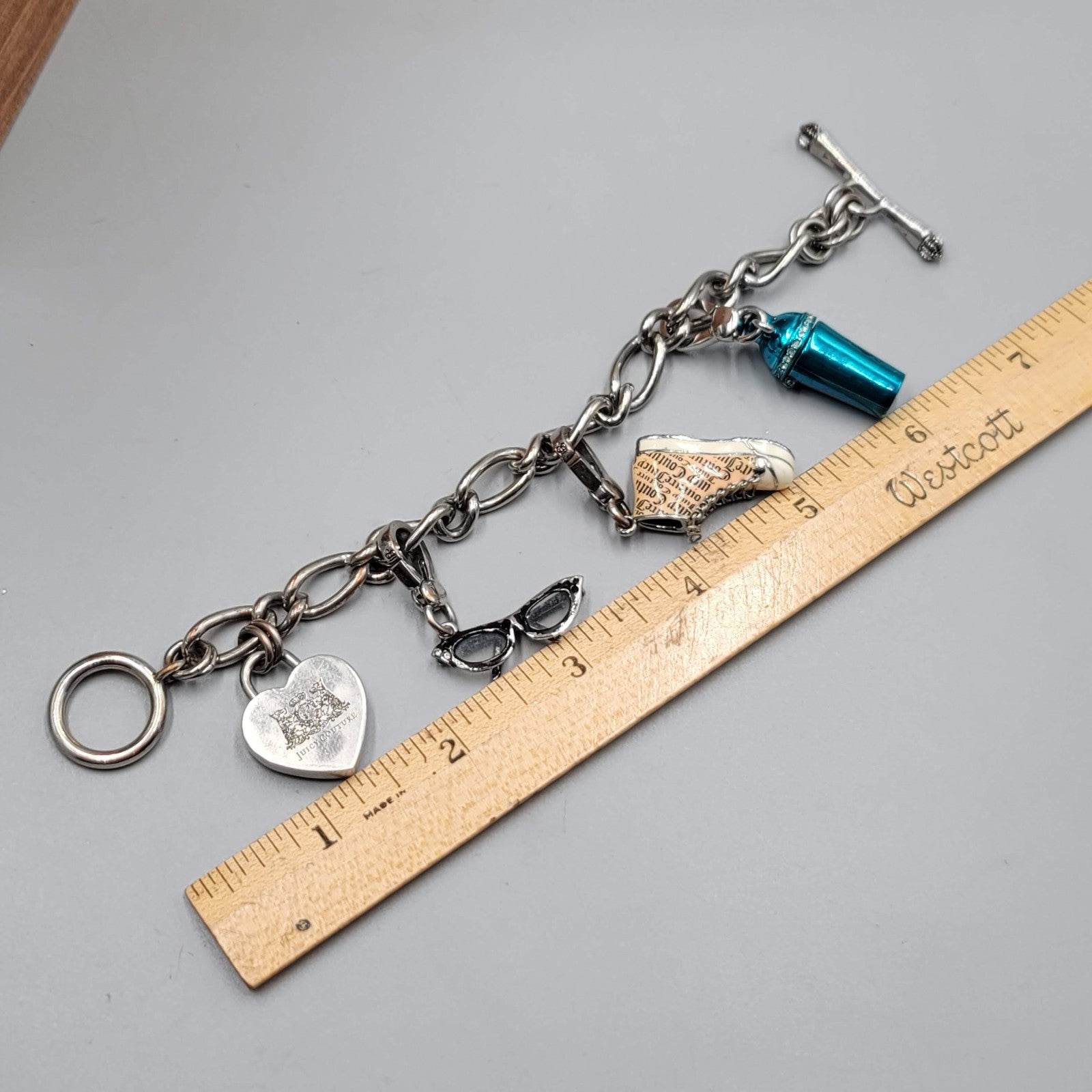 Juicy Couture Charm Bracelet Silver Tone Heart Lock Sneaker Glasses Cocktail 6"